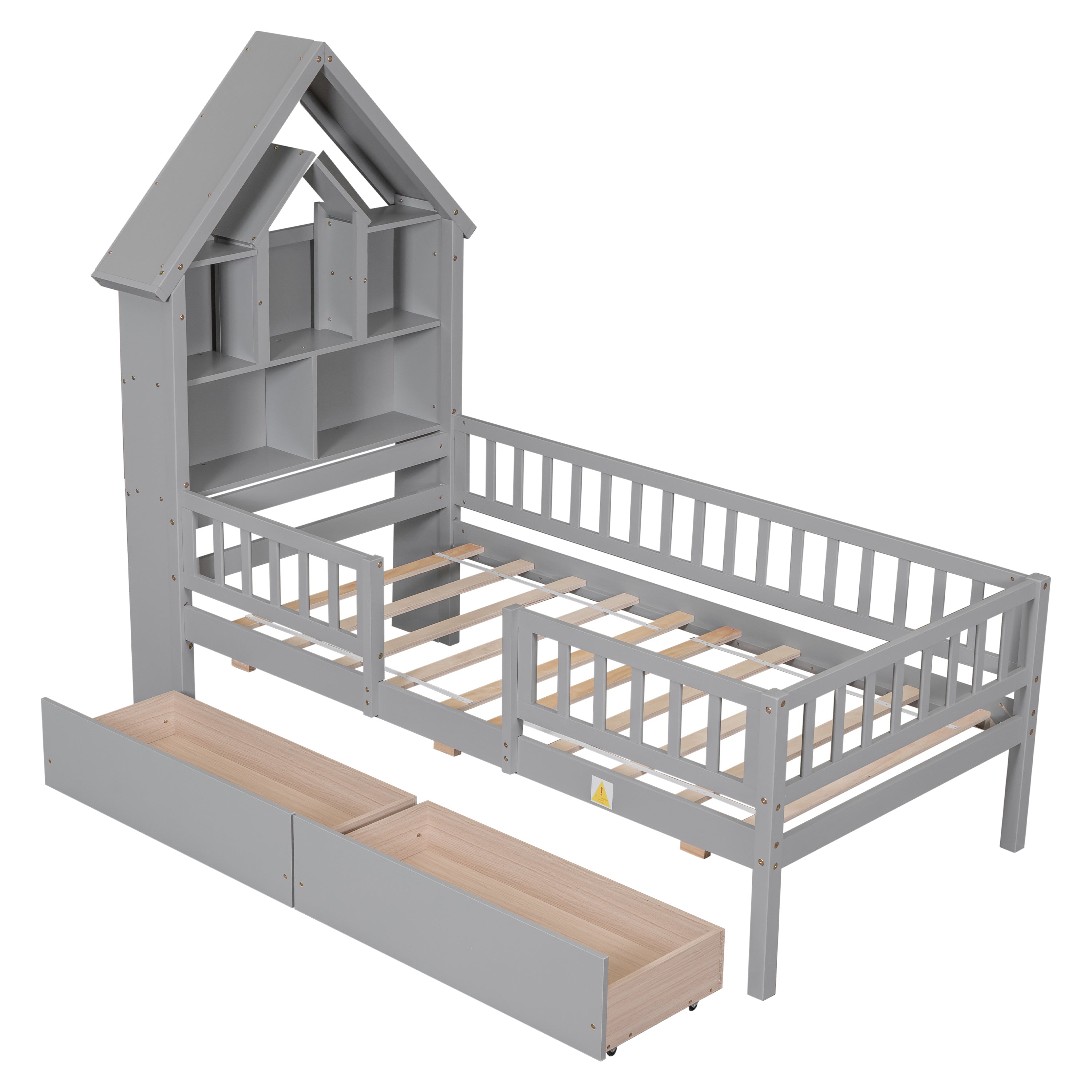 Twin Size DollHouse-Shaped Headboard with Fence Guardrails and Trundle - Gray