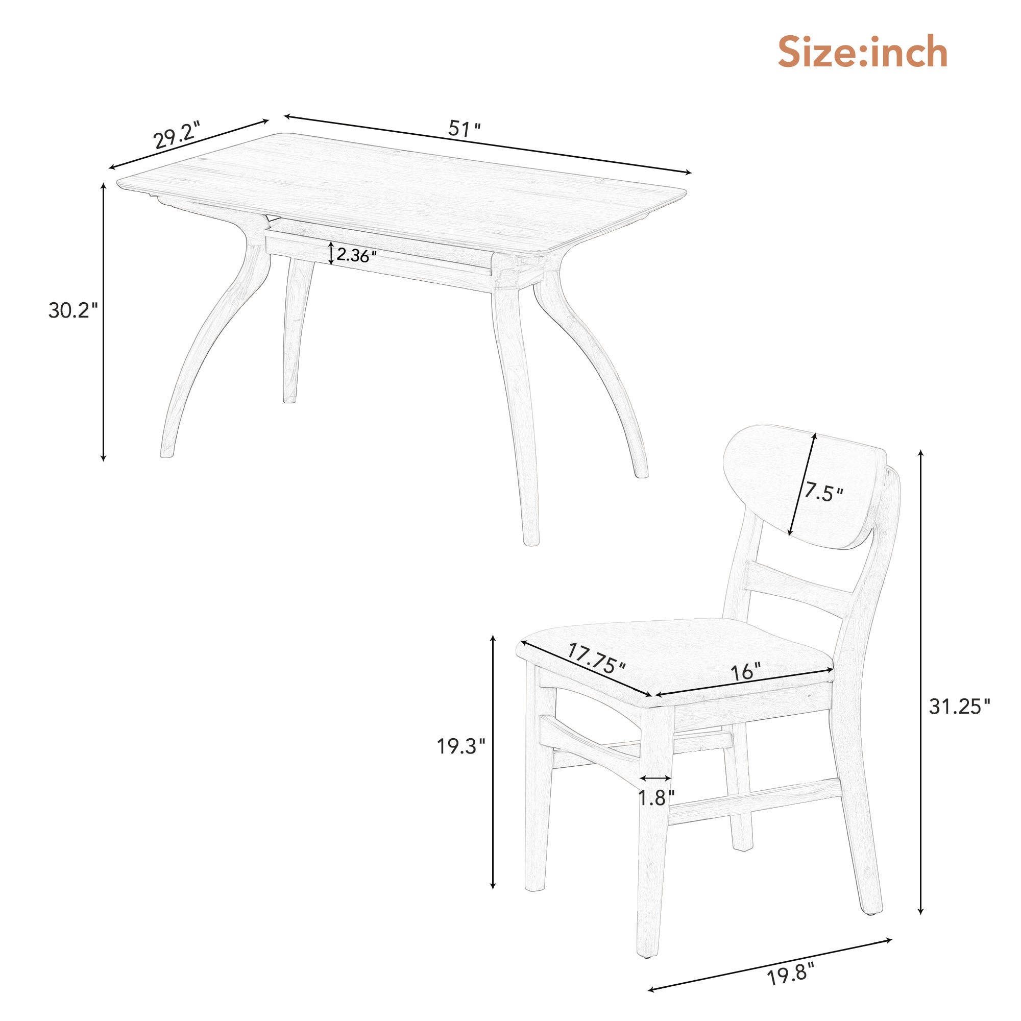 Elegant Rubber Wood Dining Table Set with Special-Shape Legs - Natural Wood Wash