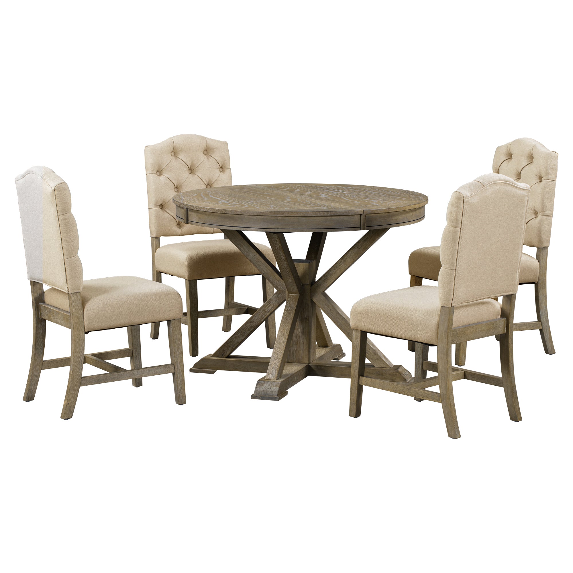 Retro Style Dining Table Set with Extendable Table and 4 Upholstered Chairs- Natural Wood Wash