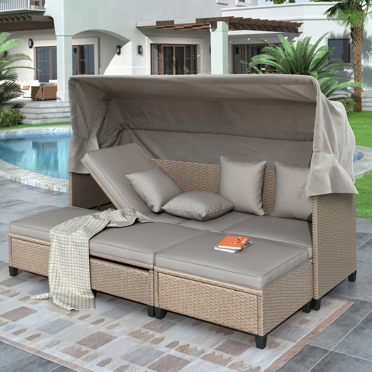 MAICOSY 4pc Patio Furniture Canopy Outdoor Wicker Sofa Sectional Daybed Sunbed