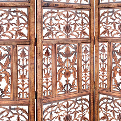 Handcrafted 3 Panel Mango Wood Screen with Cutout Filigree Carvings - Brown