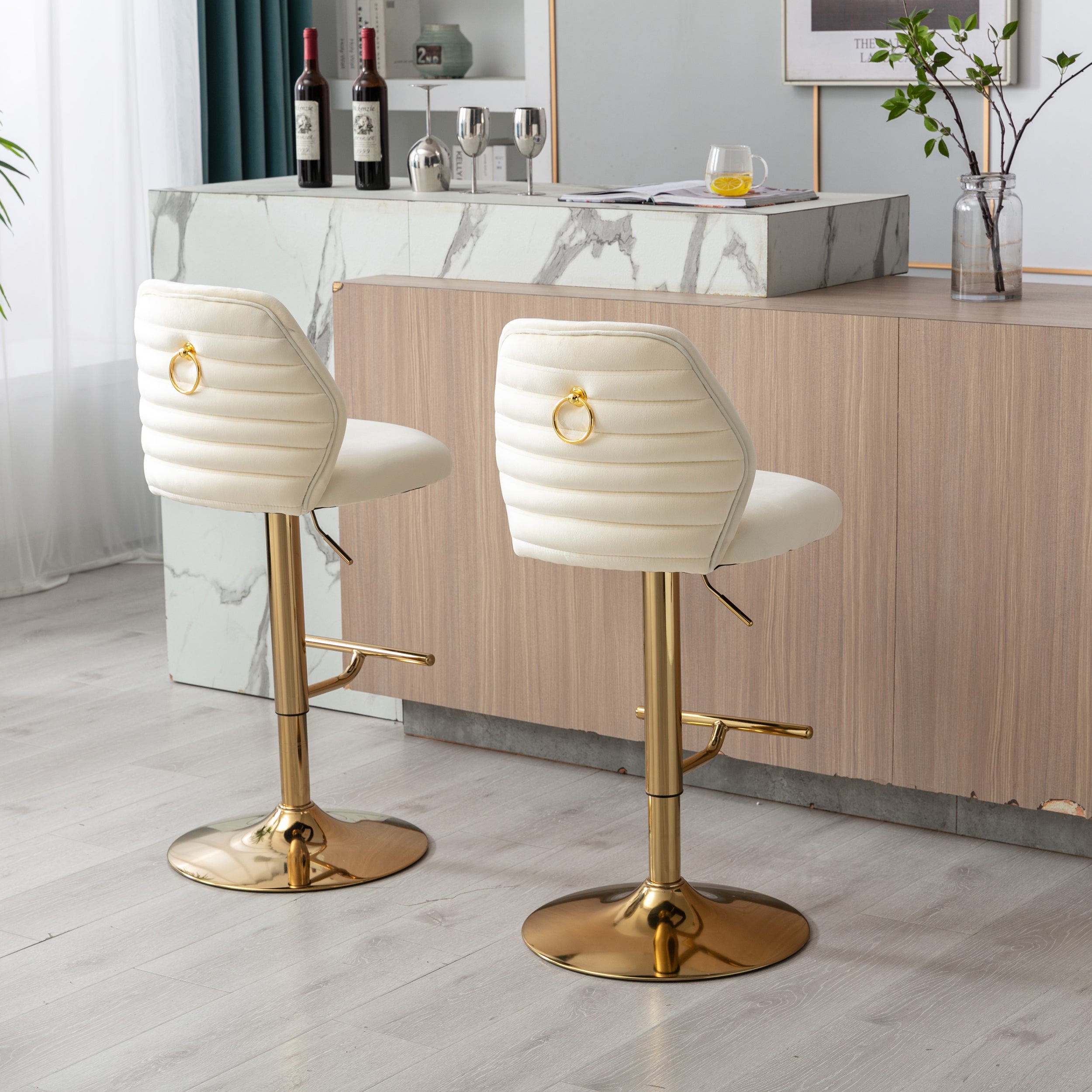 Modern Swivel Bar Stools Chair Adjustable (Set of 2) - Chrome Golden Base/ Cream