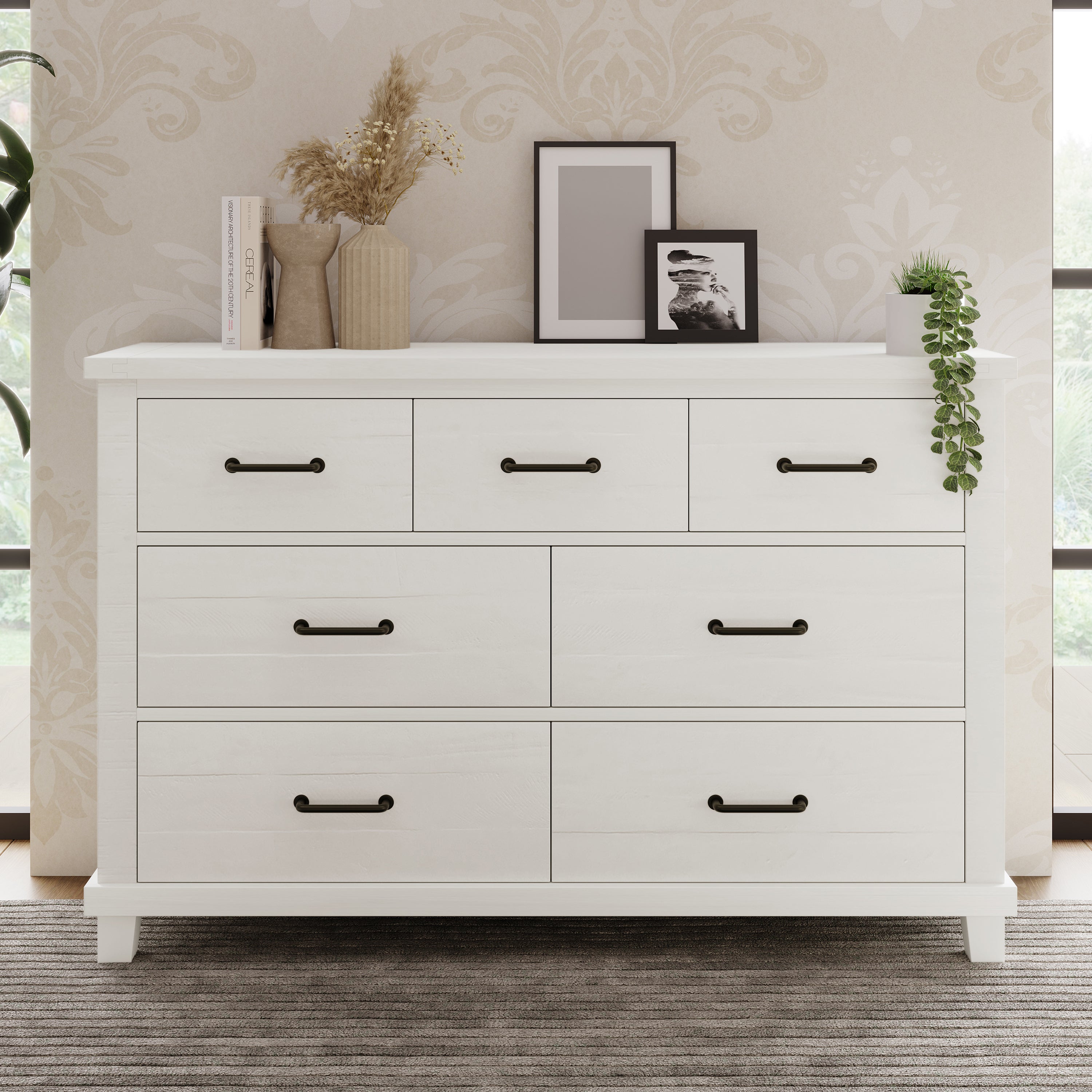 Rustic Farmhouse Style Solid Pine Wood Seven-Drawer Dresser - White