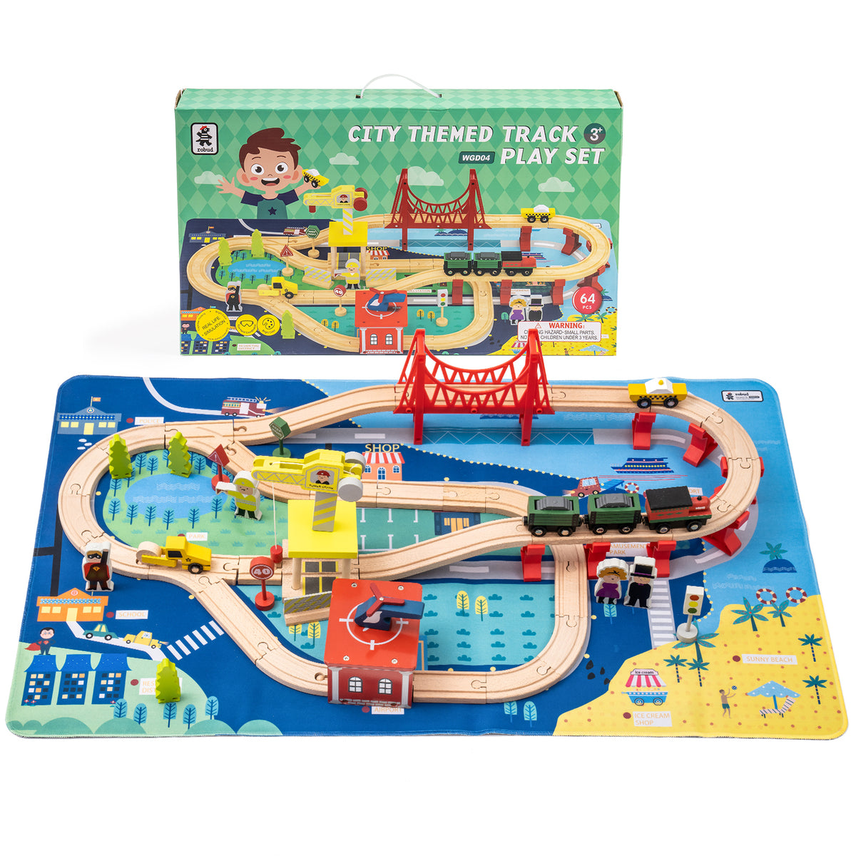 Wooden Train Track Set with Magnetic Trains Bridge Ramp Toy for Kids