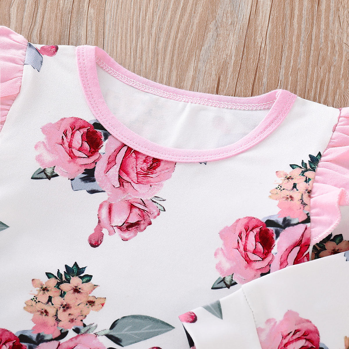 Baby Pink Flower Jumpsuit with Long Sleeves, Frills and Floral Pattern