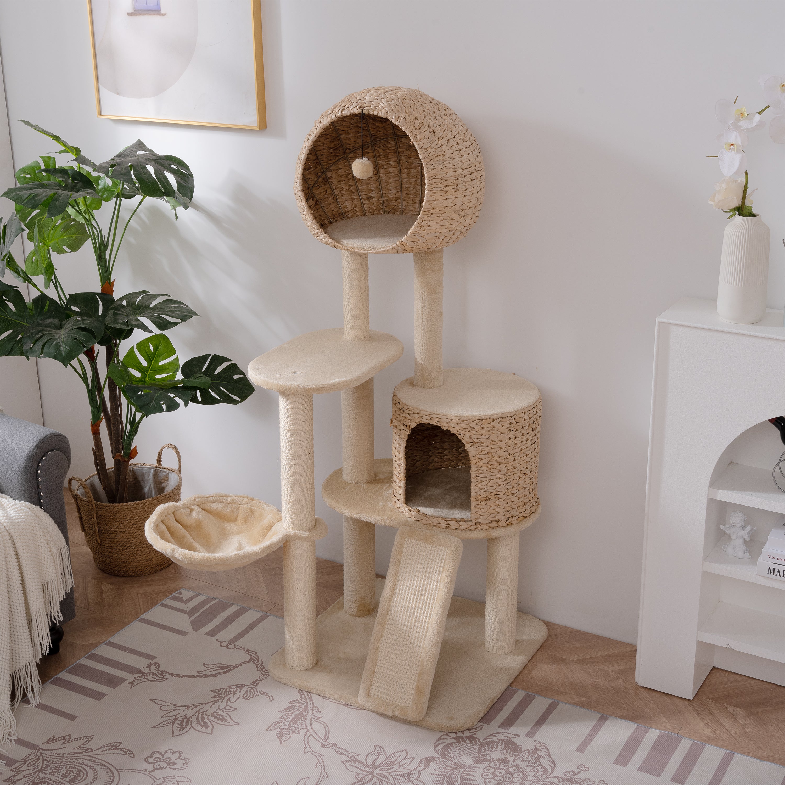 Cat Tree, 59-Inch Cat Tower for Indoor Cats, Plush Multi-Level Cat Condo with 2 Perches, 2 Caves, Cozy Basket and Scratching Board - Beige