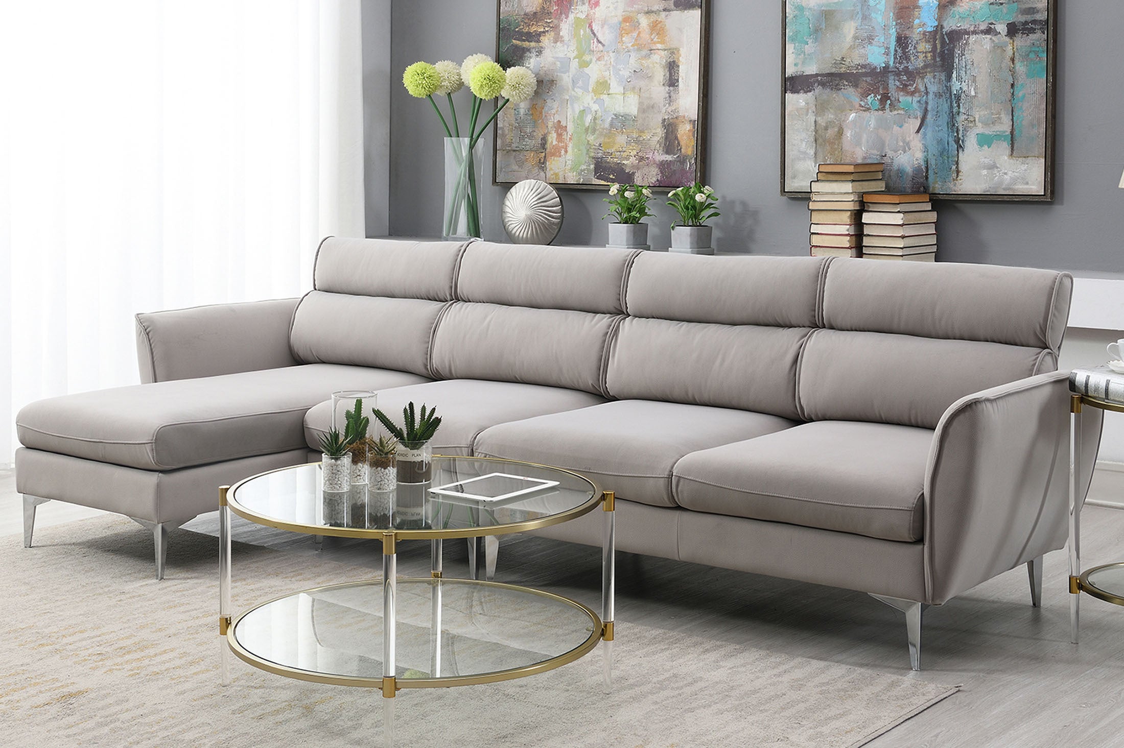 111 " Convertible Sectional Sofa Couch , Flannel L Shape Furniture Couch with Chaise Left/Right Handed Chaise - Gray