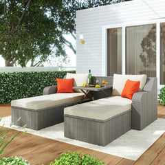 Patio Furniture Sets, 3-Piece Patio Wicker Sofa with  Cushions, Pillows, Ottomans and Lift Top Coffee Table - Beige