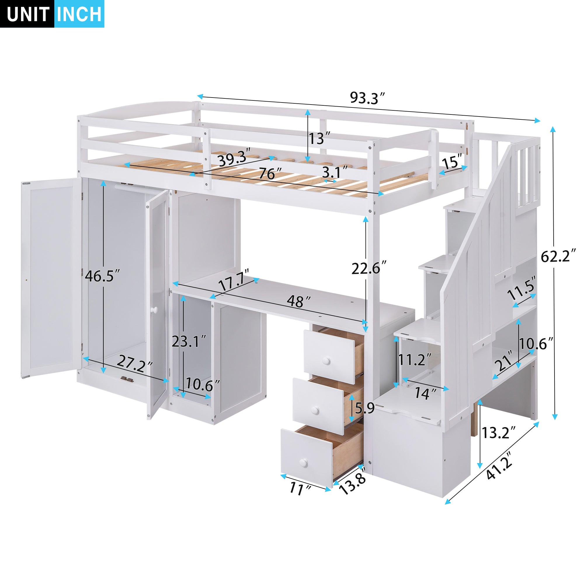 Twin Size Loft Bed with Wardrobe and Staircase - White