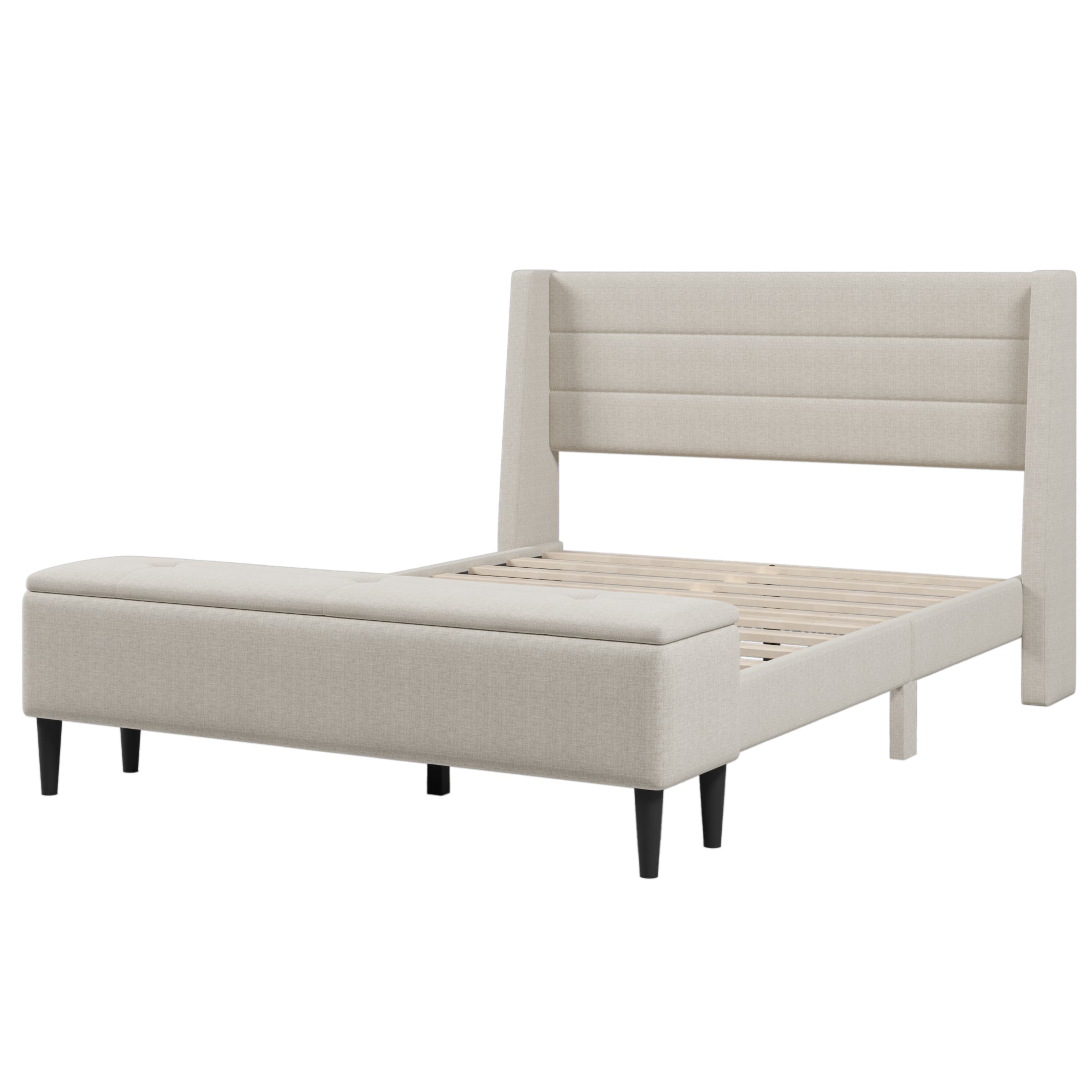 3 Pieces Bedroom Set Beige Queen Size Upholstered Storage Bed Frame with Storage Ottoman Bench and Two Nightstands