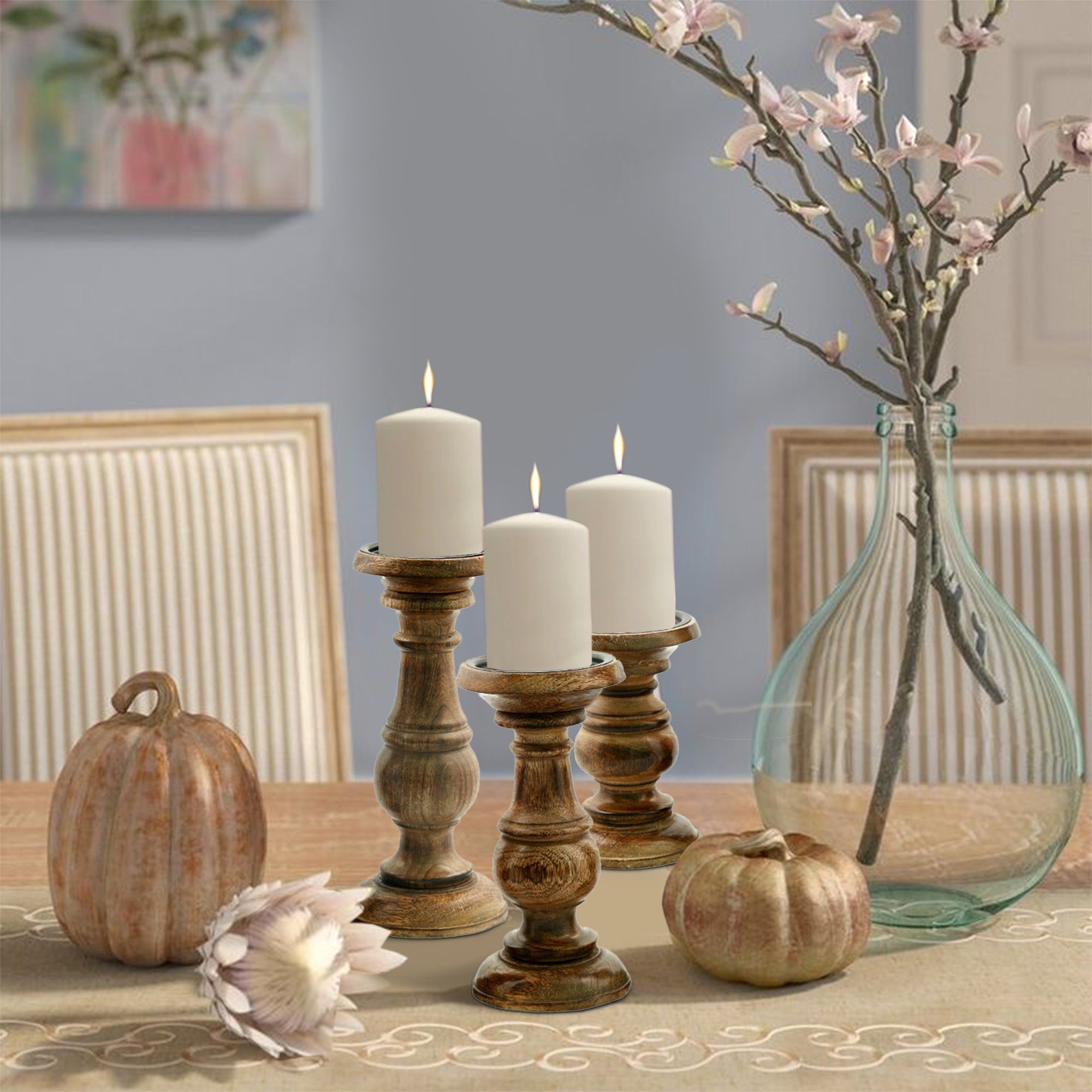 Pillar Shaped Wooden Candle Holder (Set of 3) - Brown