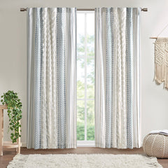 Cotton Printed Curtain Panel with Chenille Stripe and Lining - Ivory+Navy