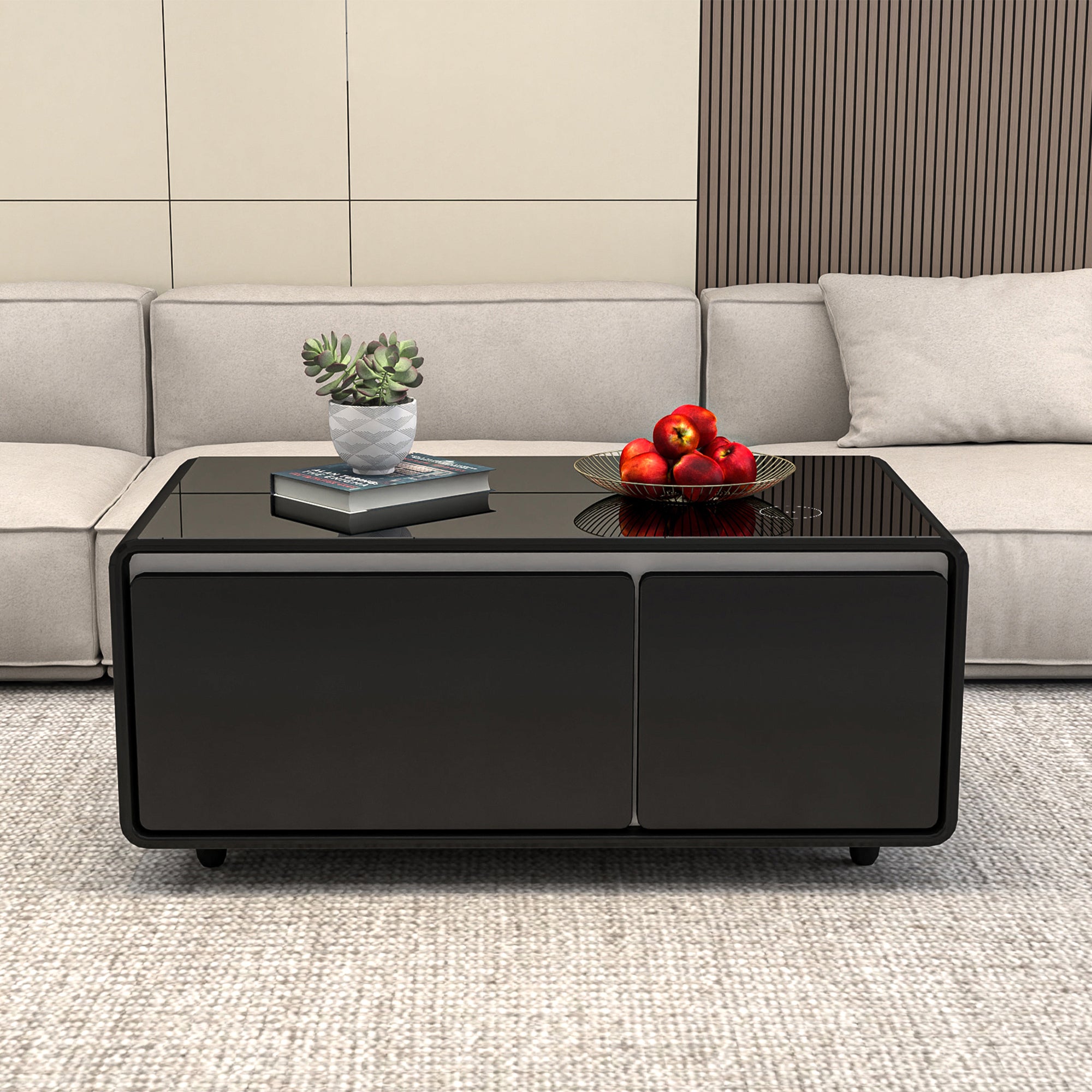 Modern Smart Coffee Table with Built in Fridge, Outlet Protection, Wireless Charging, Mechanical Temperature Control, Power Socket, USB Interface and Ice Water Interface - Black