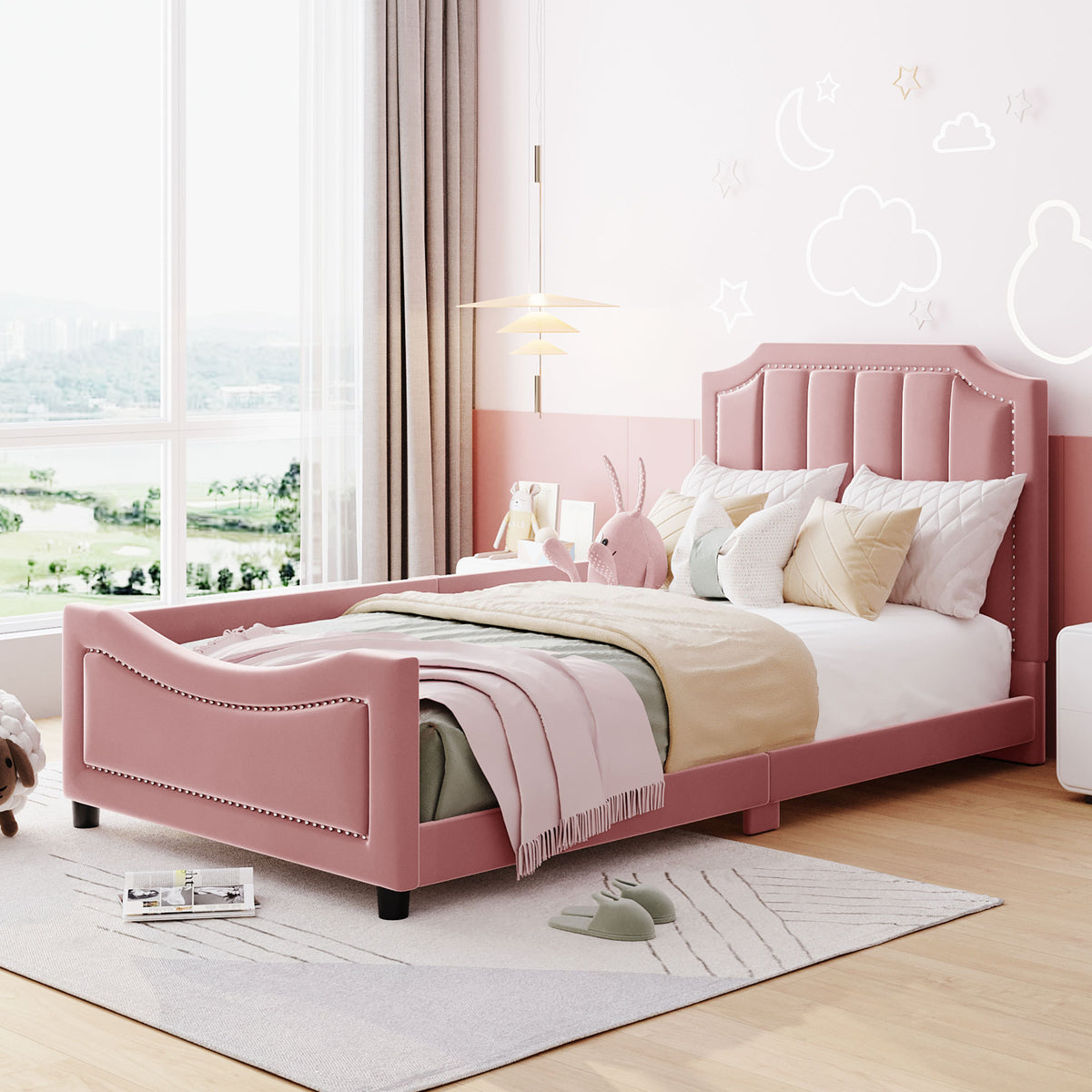 Twin Size Upholstered Daybed with Classic Stripe Shaped  Headboard - Pink