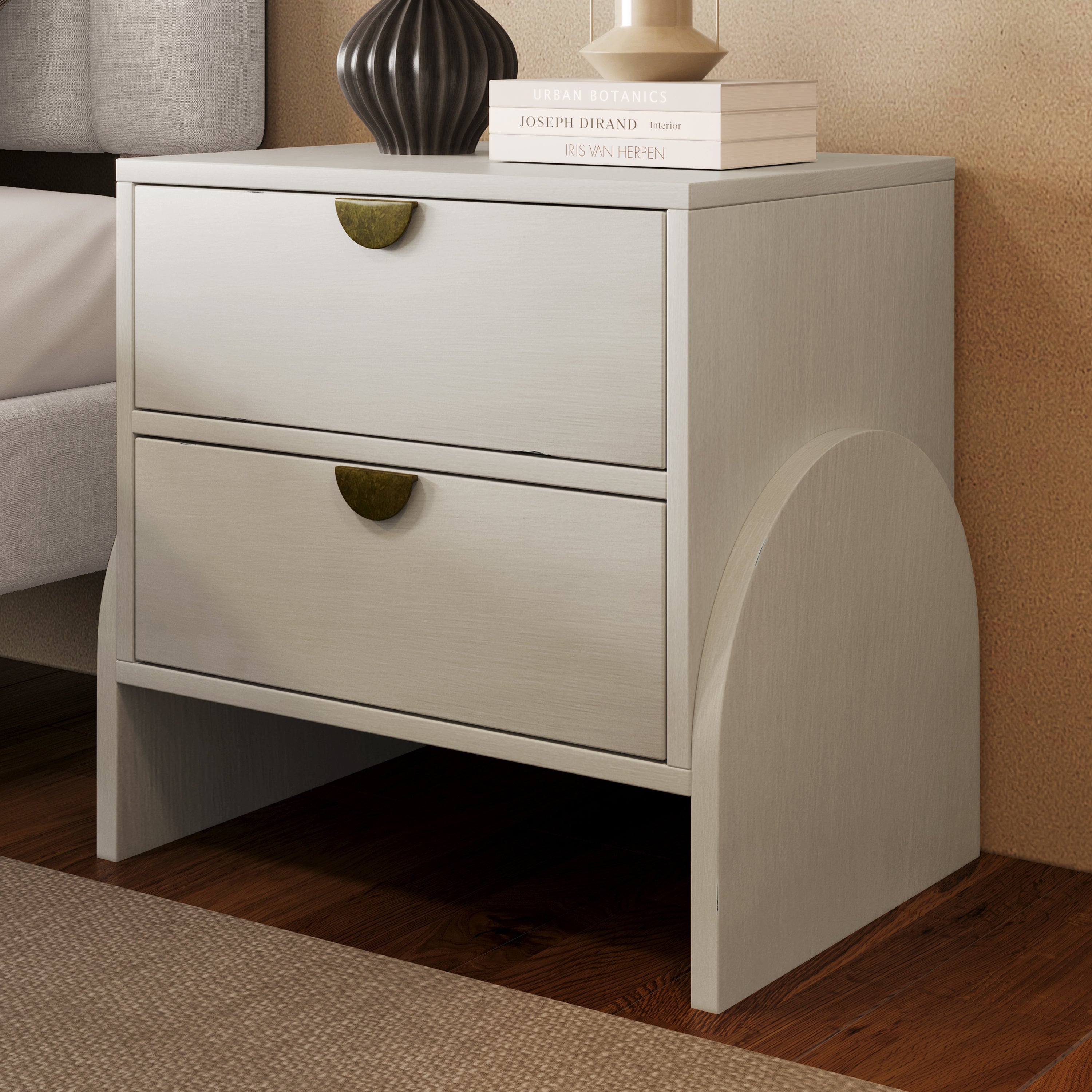 Retro Style Rubber Wood Venner Two-Drawer Bed Side Table Nightstand End Table - Antique White