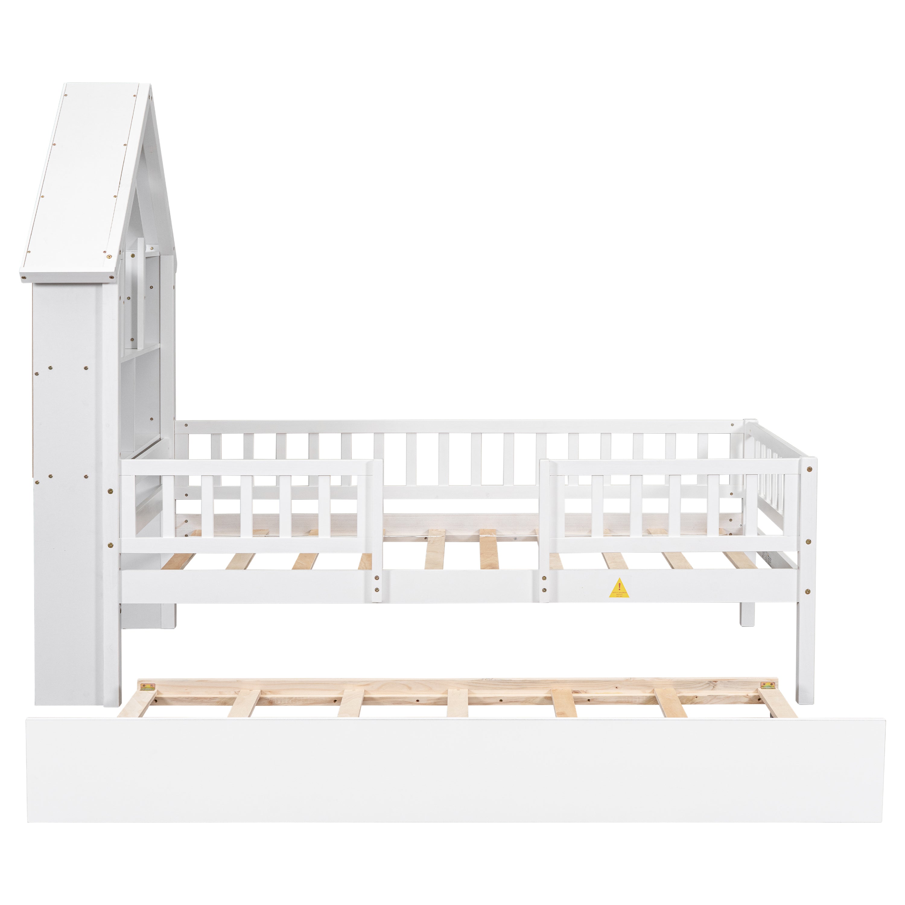 Twin Size DollHouse-Shaped Headboard with Fence Guardrails and Trundle - White