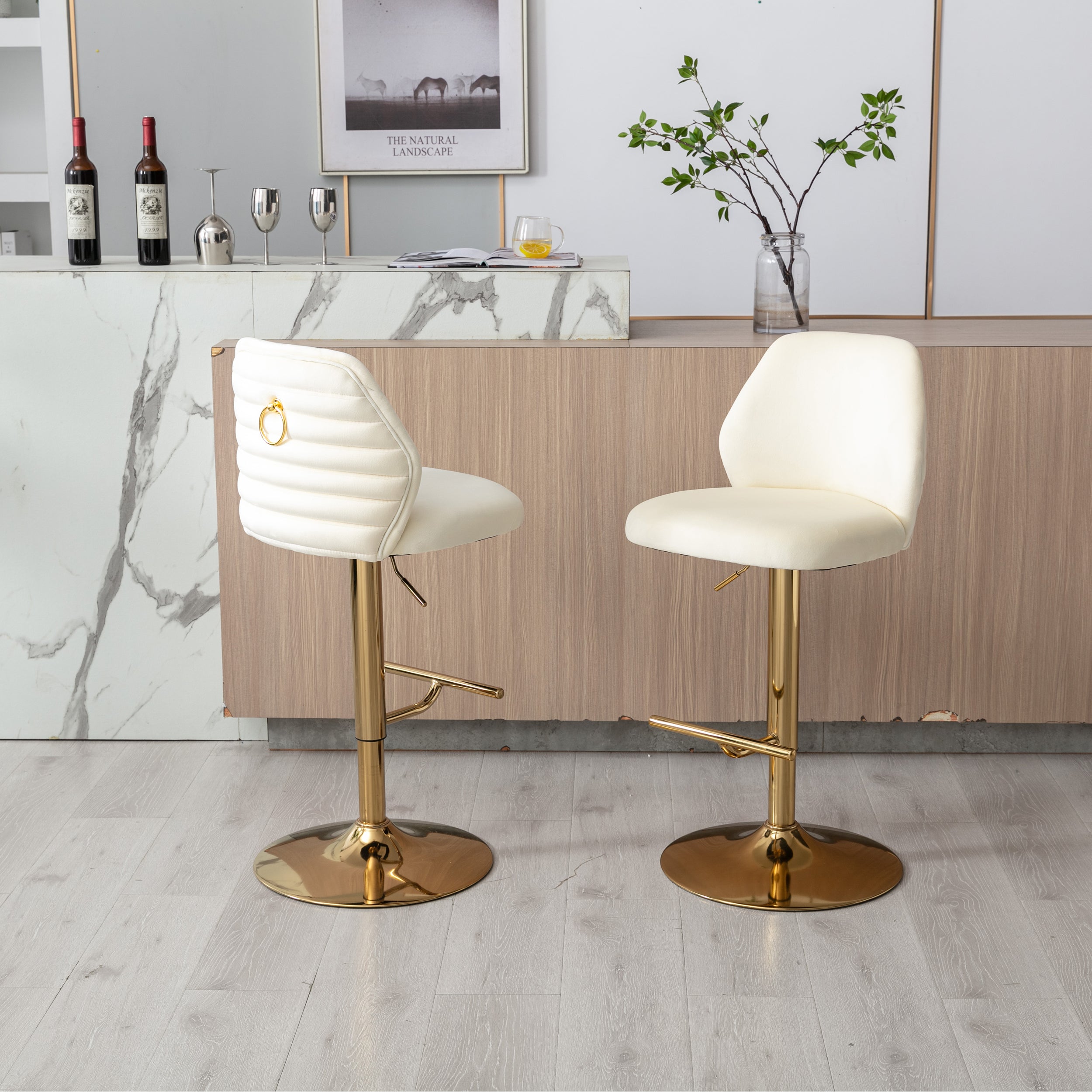 Modern Swivel Bar Stools Chair Adjustable (Set of 2) - Chrome Golden Base/ Cream