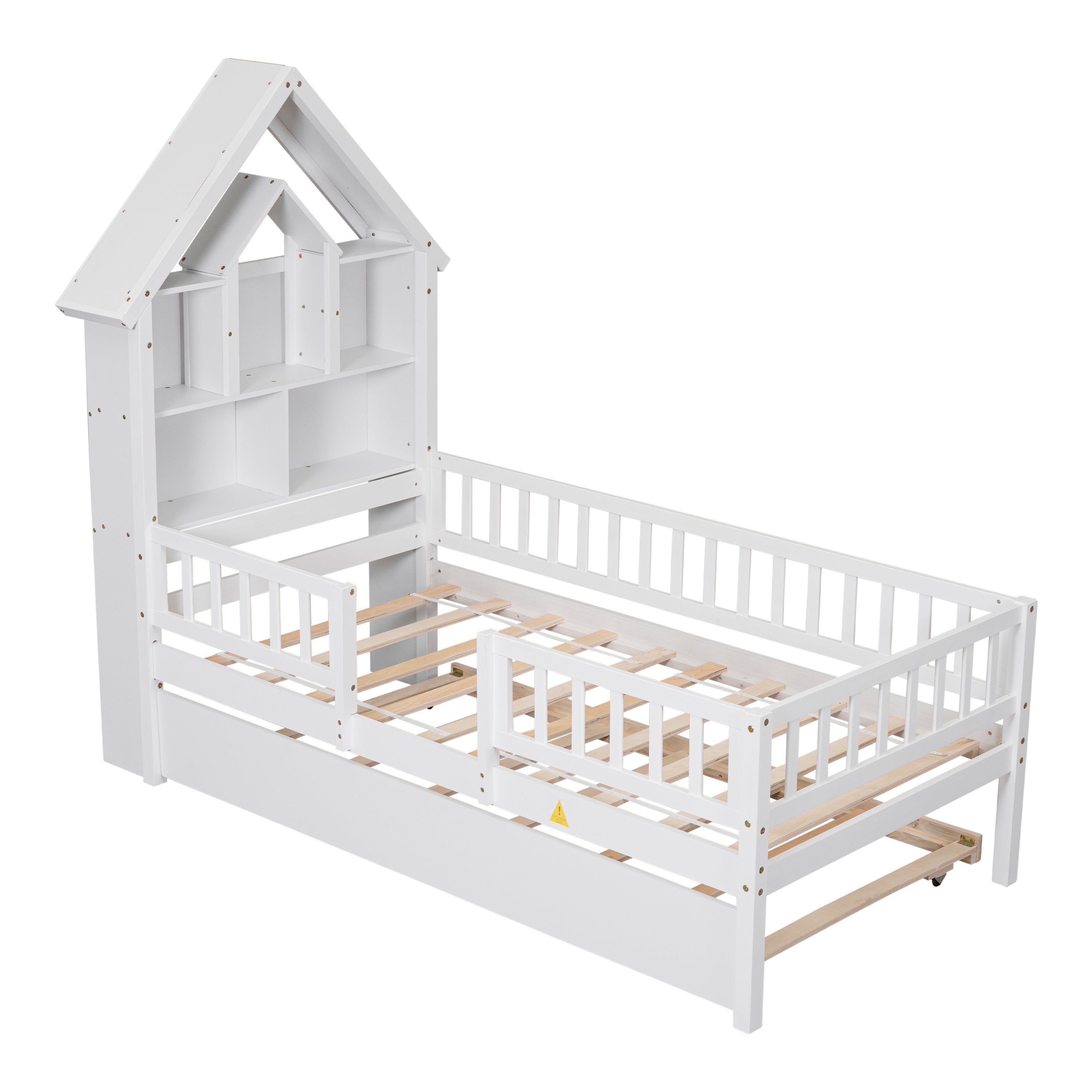 Twin Size DollHouse-Shaped Headboard with Fence Guardrails and Trundle - White