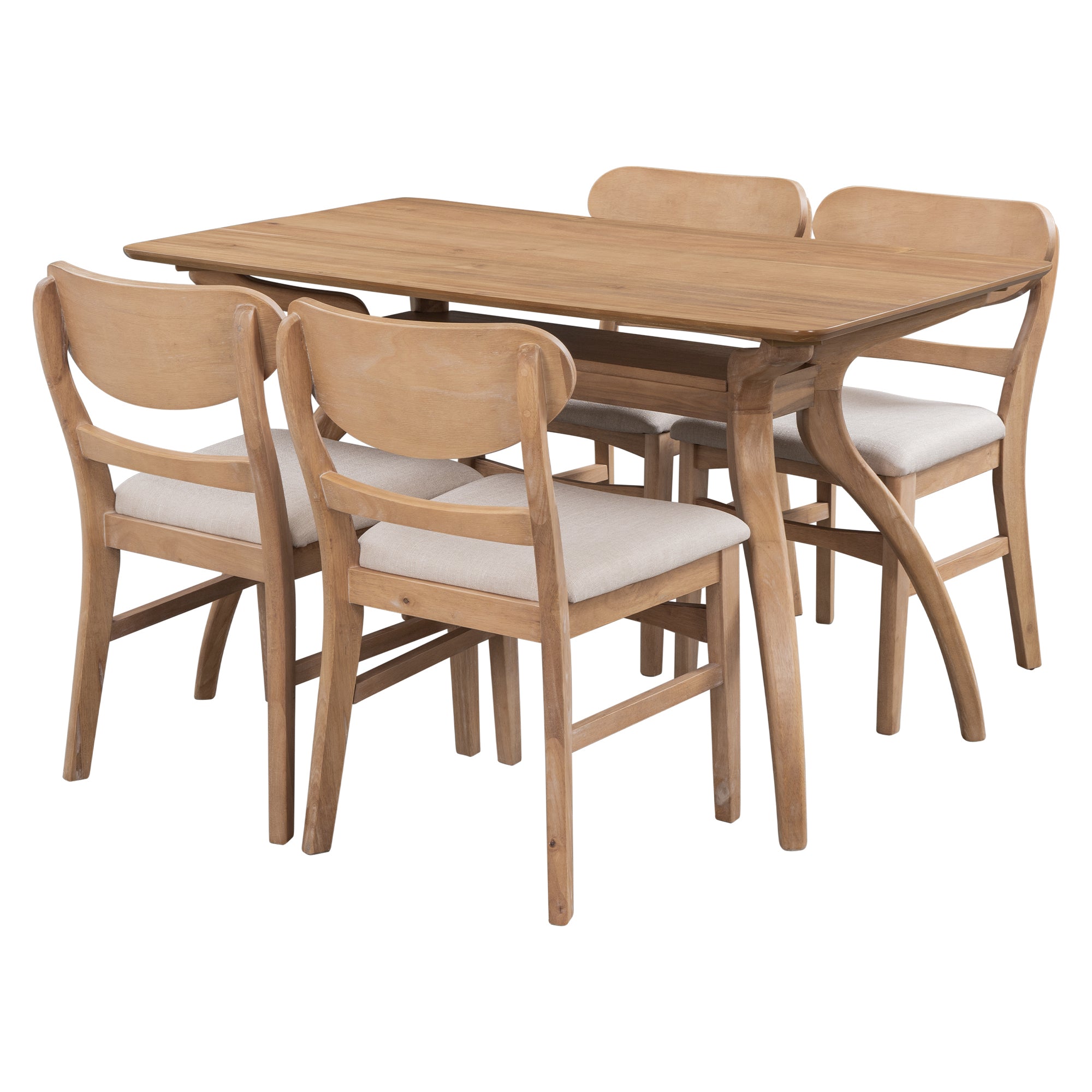 Elegant Rubber Wood Dining Table Set with Special-Shape Legs - Natural Wood Wash