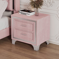 2-Drawer Nightstand with Metal Legs for Bedroom Velvet Bedside Table - Pink