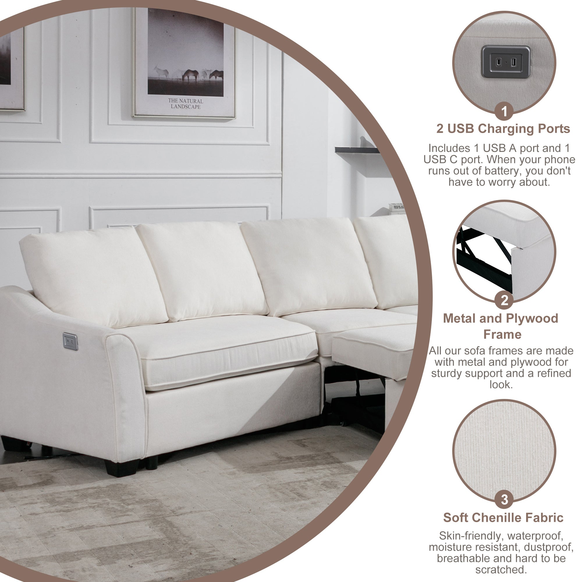 129.5" Sectional Sleeper Sofa with Pull-Out Bed Modern L-Shape Couch Bed with USB Charging Port - Beige