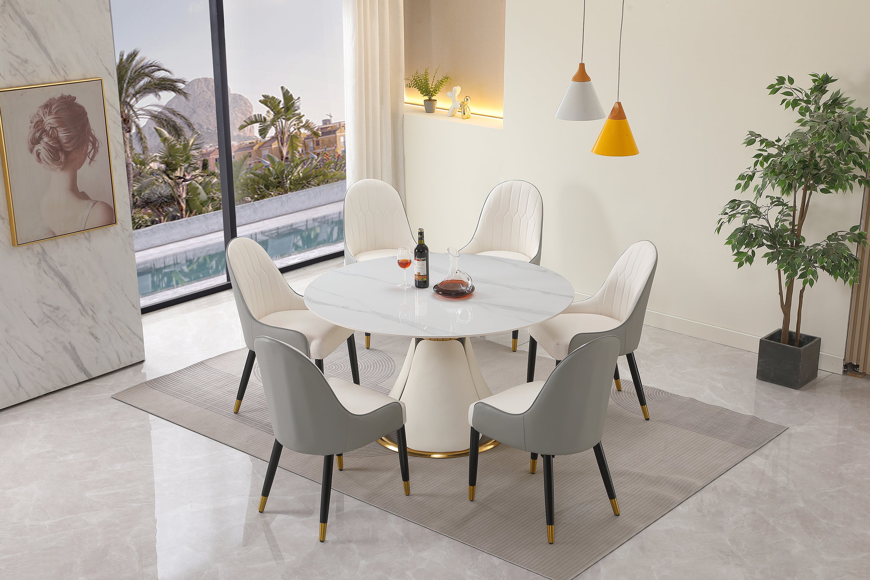 53“ Modern sintered stone round dining table with stainless steel base (chairs not included)