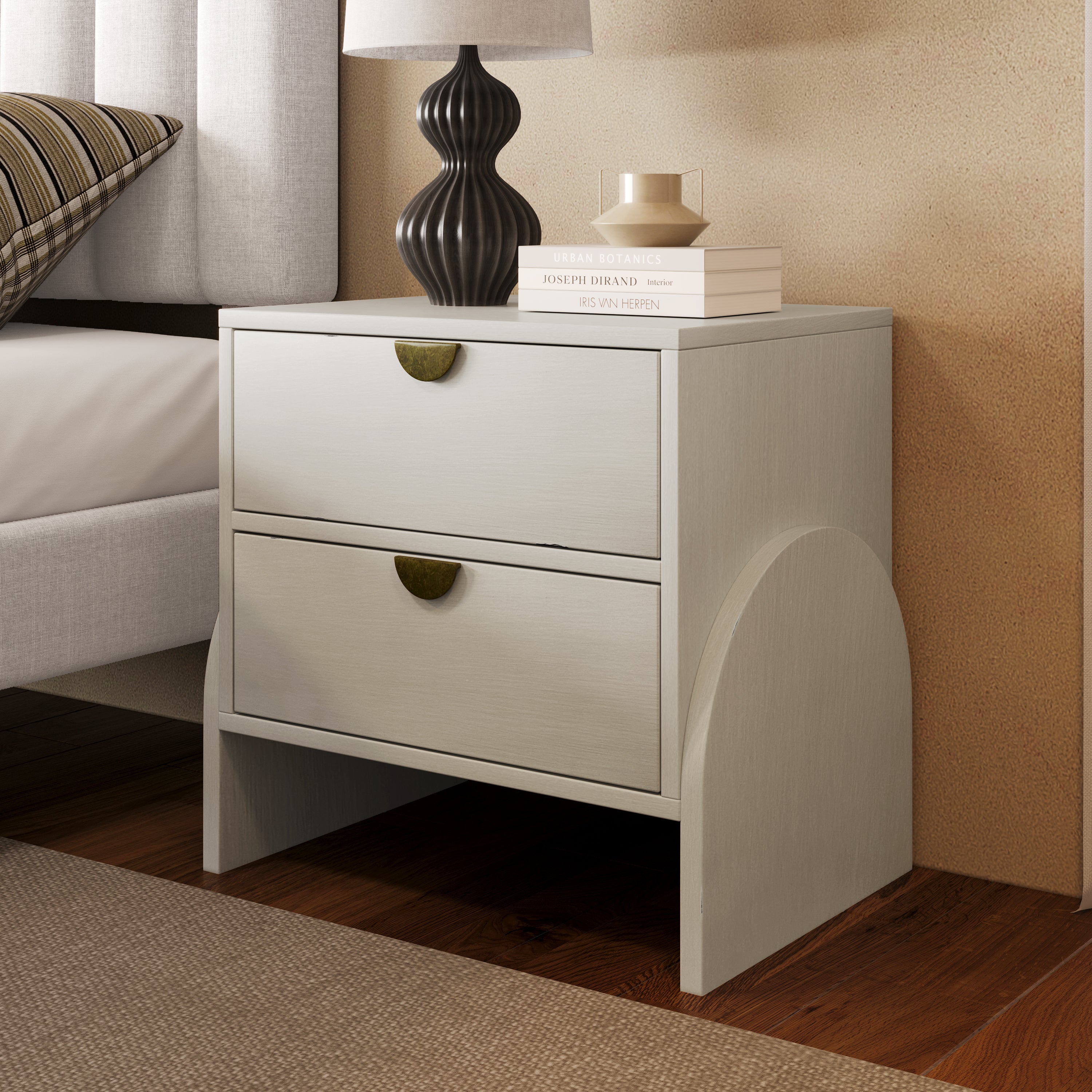 Retro Style Rubber Wood Venner Two-Drawer Bed Side Table Nightstand End Table - Antique White