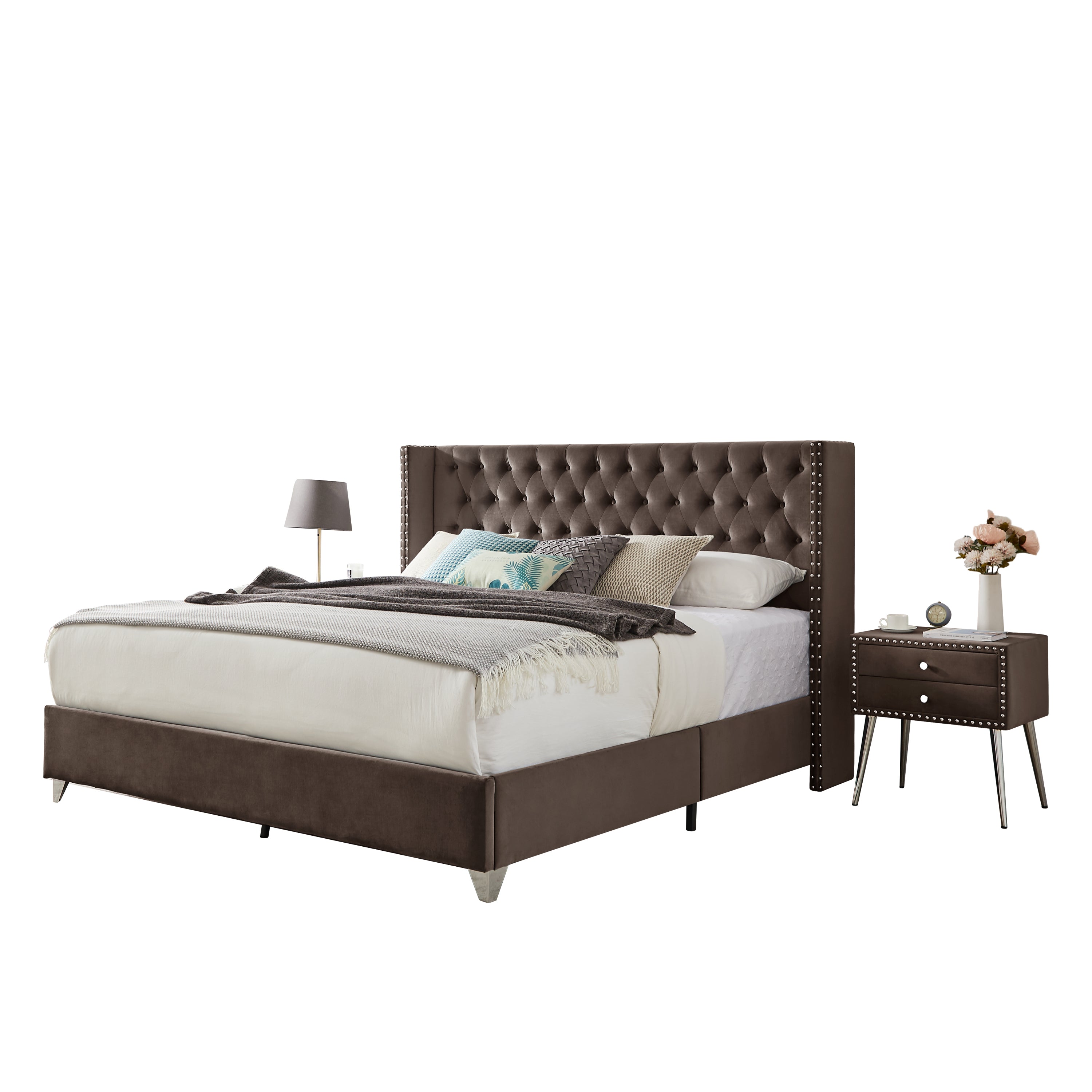 King bed + 1 Nightstand - Button designed Headboard