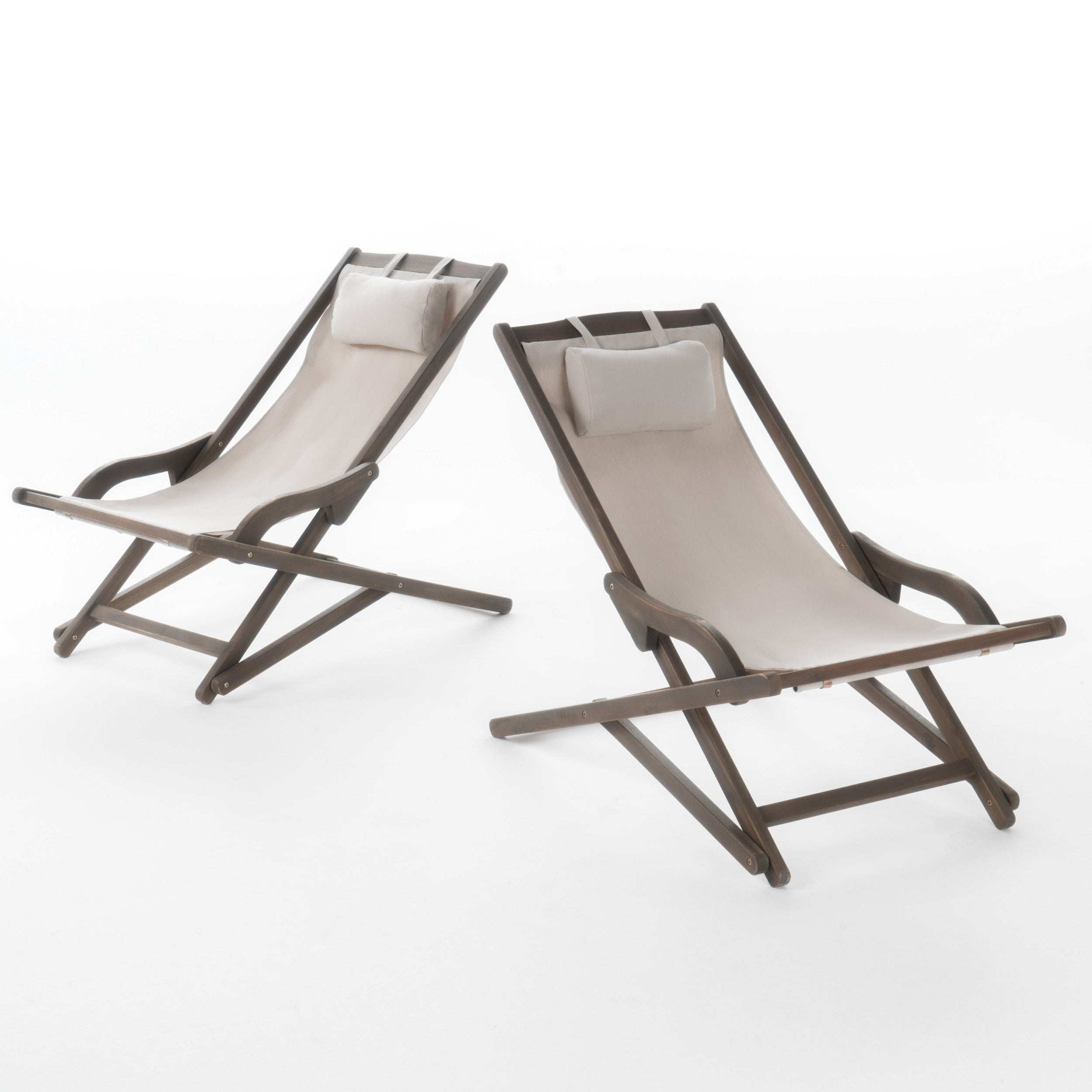 Outdoor Wood and Canvas Sling Chair (Set of 2) - Eucalyptus Wood/ Beige