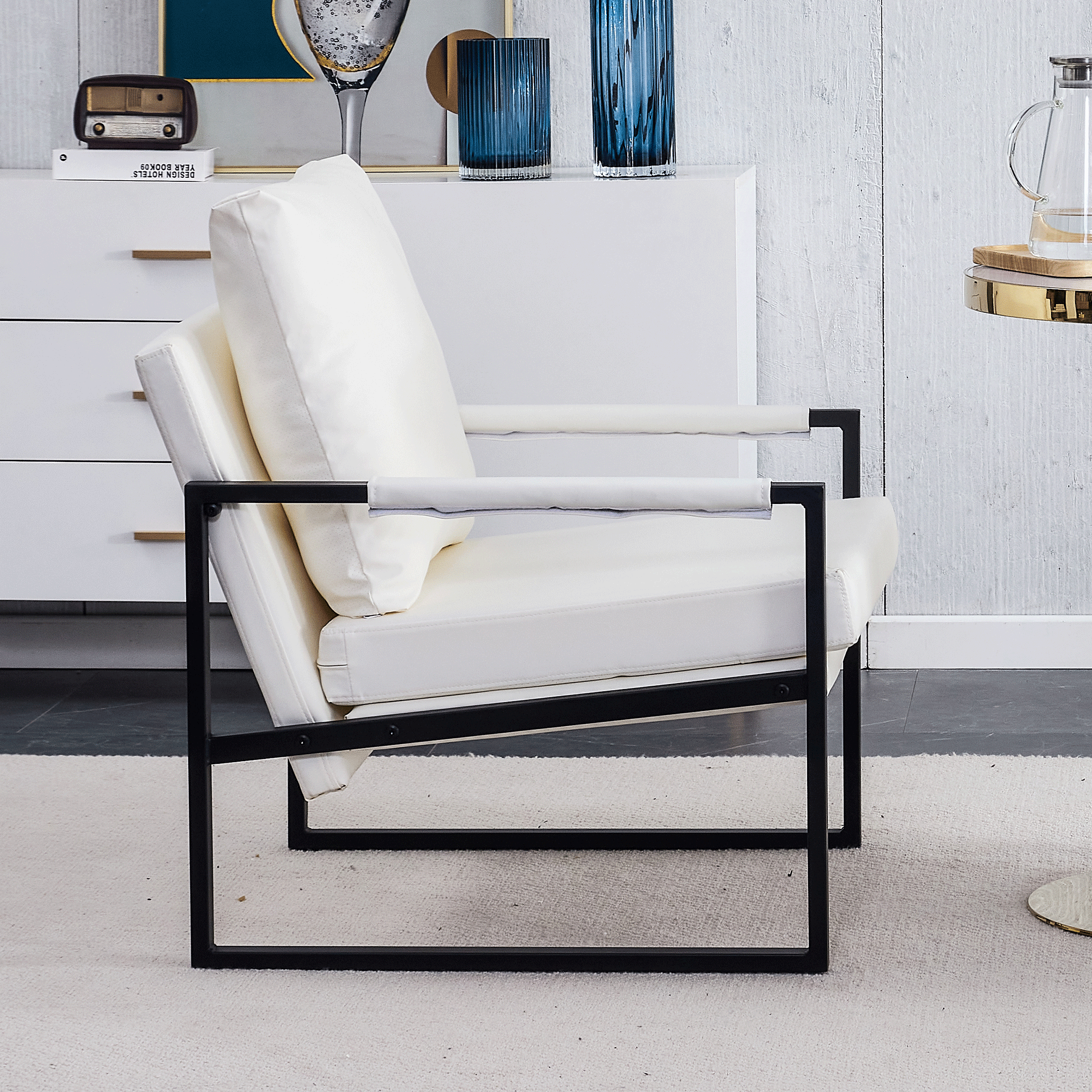 Modern Sofa Chair - White PU Leather + Metal Frame + Foam