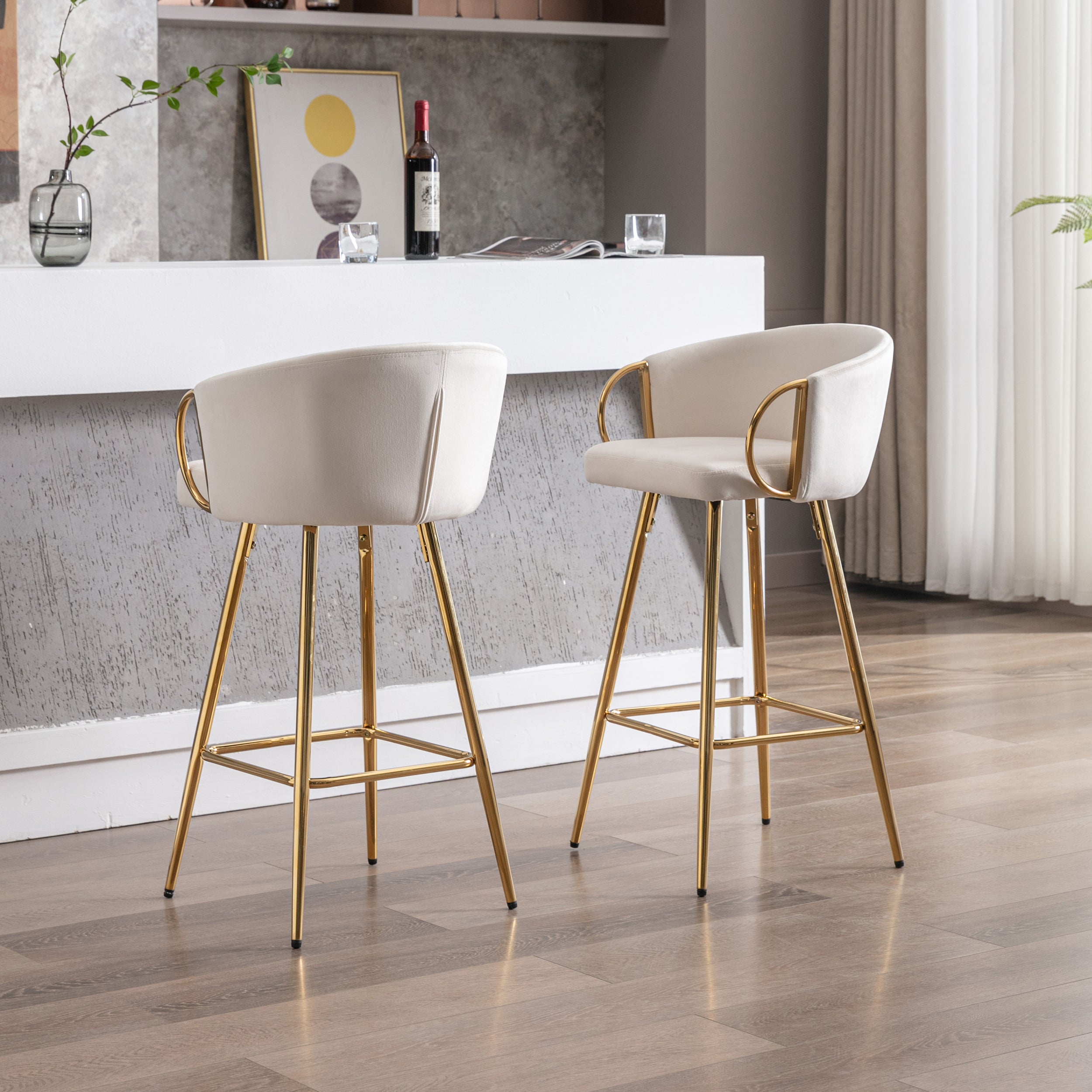 26 Inch Set of 2 Bar Stools, with Chrome Footrest and Base Velvet + Golden Leg Simple Bar Stool - Cream