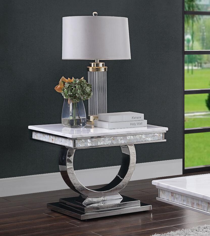 Zander End Table, White Printed Faux Marble & Mirrored Silver Finish