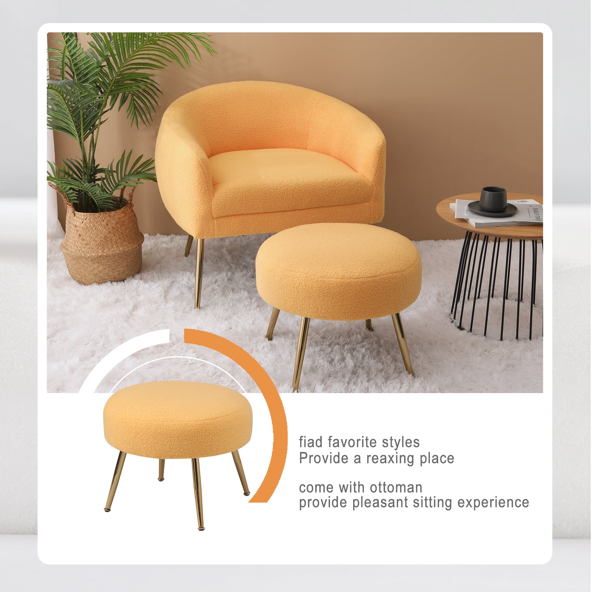 Accent Chair with Ottoman/Gold Legs, Modern Accent Chair for Living Room, Bedroom or Reception Room,Teddy Short Plush Particle Velvet Armchair with Ottoman - Yellow