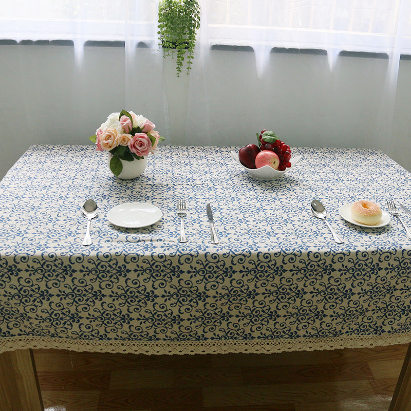 Decorative Cotton Linen Tablecloth, Blue and White Floral Pattern, Lace Trim