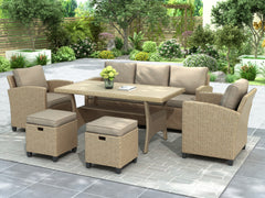 6 Piece Outdoor Rattan Wicker Set Patio Garden Backyard Sofa, Chair, Stools and Table - Brown