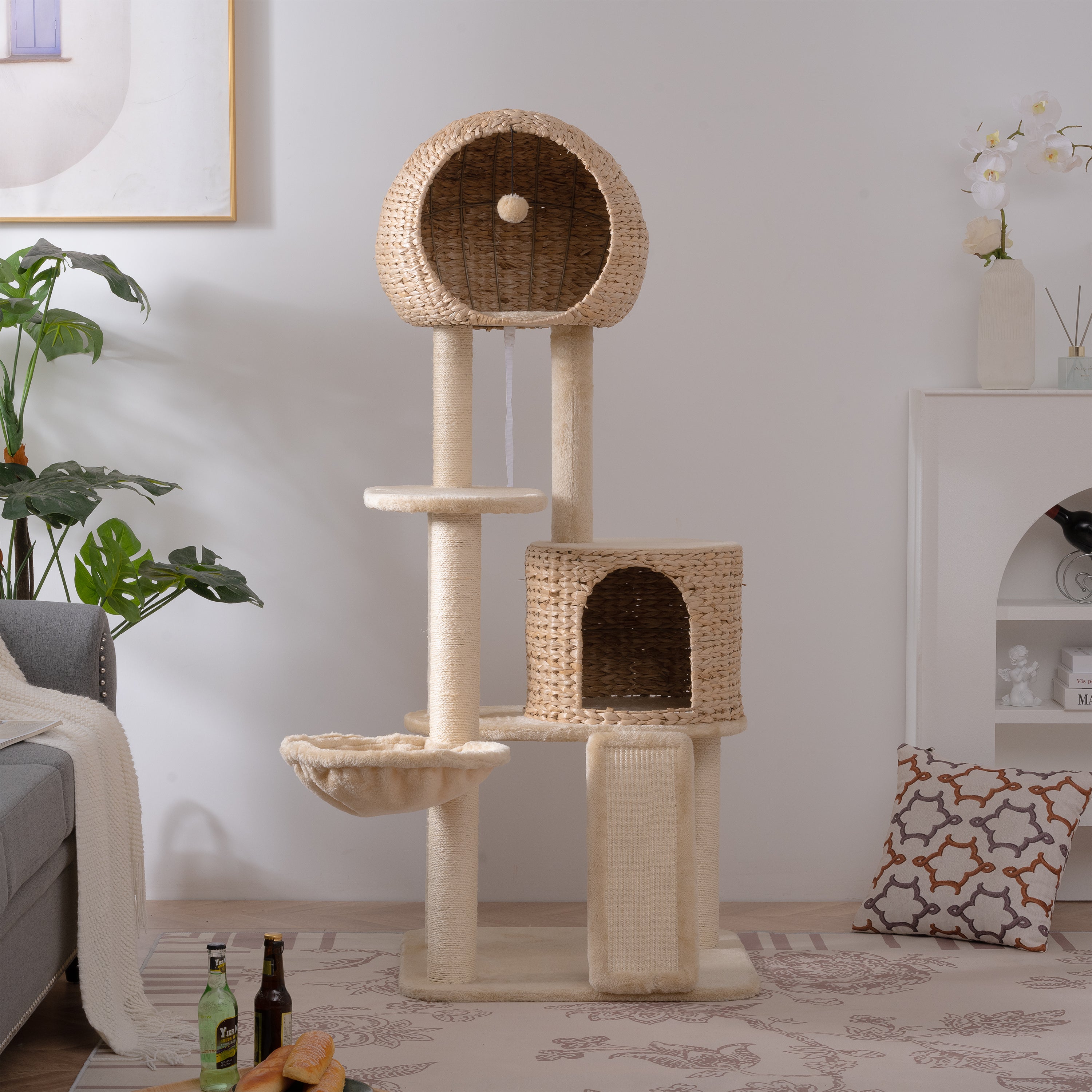 Cat Tree, 59-Inch Cat Tower for Indoor Cats, Plush Multi-Level Cat Condo with 2 Perches, 2 Caves, Cozy Basket and Scratching Board - Beige