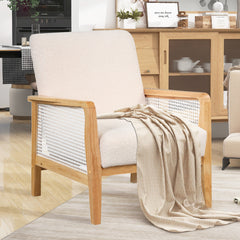 Armchair Rattan Mesh Upholstered Accent Chair, Teddy Short Plush Particle Velvet Armchair - White