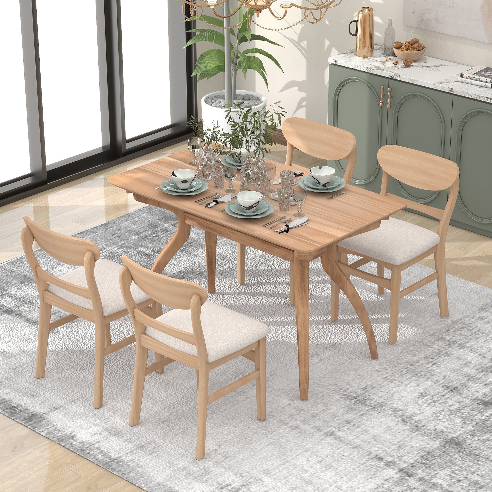 Elegant Rubber Wood Dining Table Set with Special-Shape Legs - Natural Wood Wash