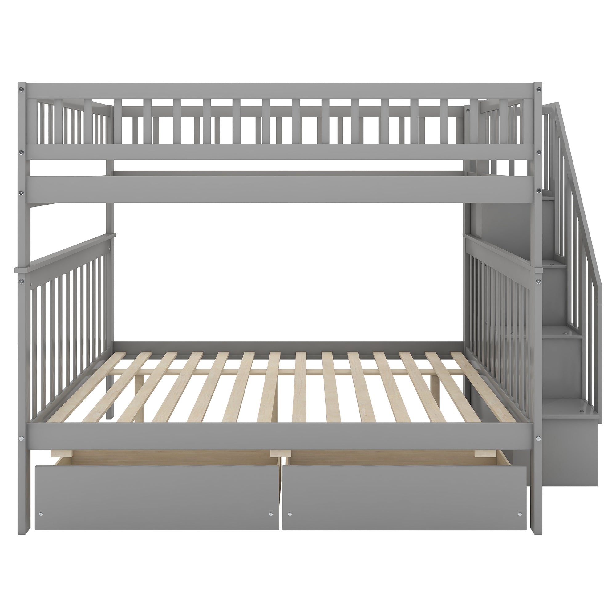 Full over Full Bunk Bed with Two Drawers and Storage - Gray