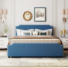 Queen Size Upholstered Bed with Stud Trim Headboard and Footboard and 4 Drawers - Velvet Blue