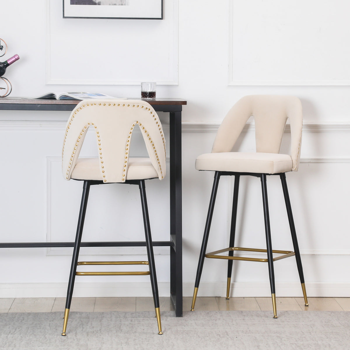 Contemporary Velvet Upholstered Connor 28" Bar Stool & Counter Stools - Set of 2 (Beige)