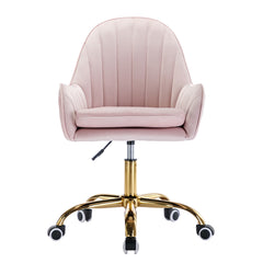 Velvet Home Office Chair with Wheels with Side Arms and Gold Metal Base - Pink