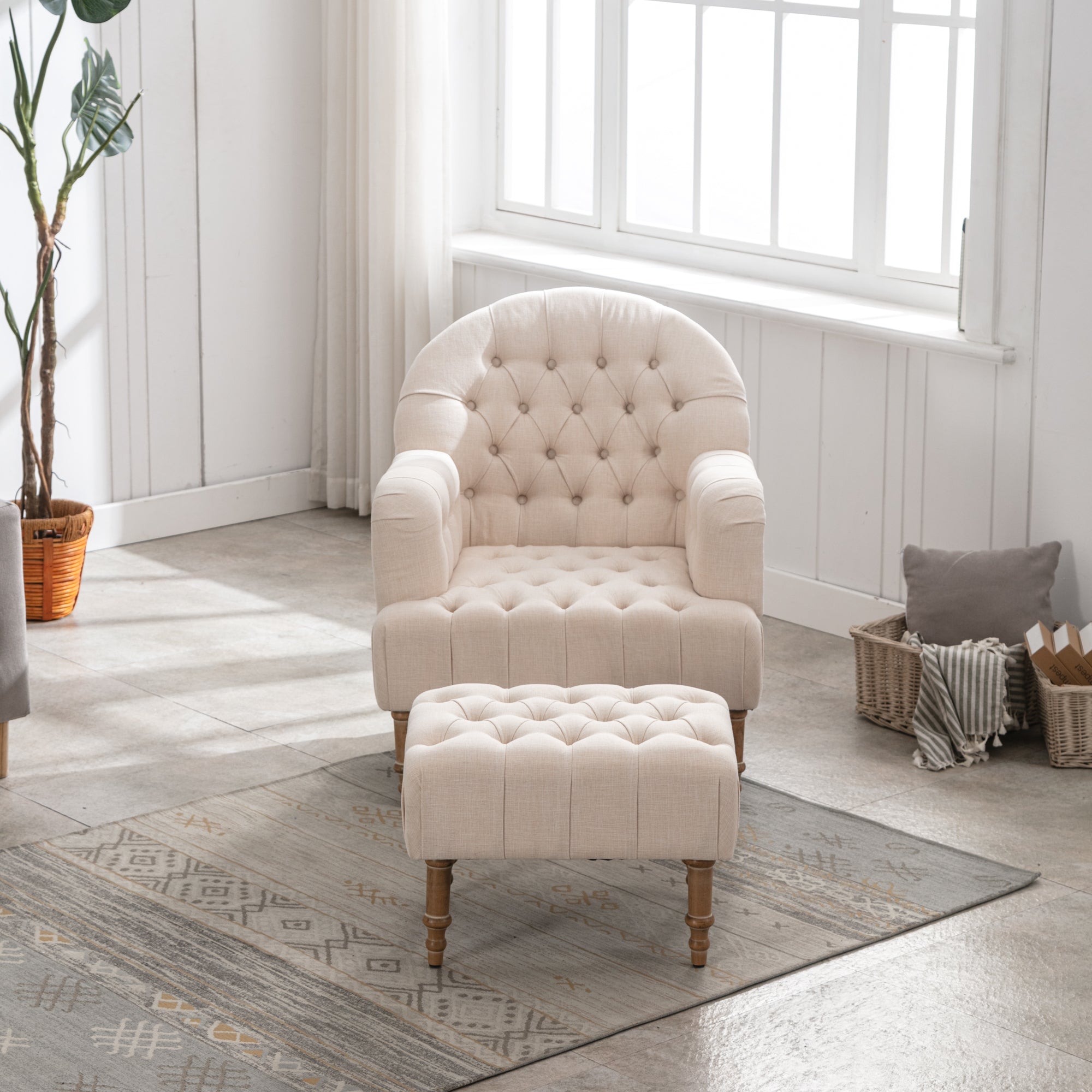 Upholstered Chair Set with Linen Fabric and Ottoman - Beige