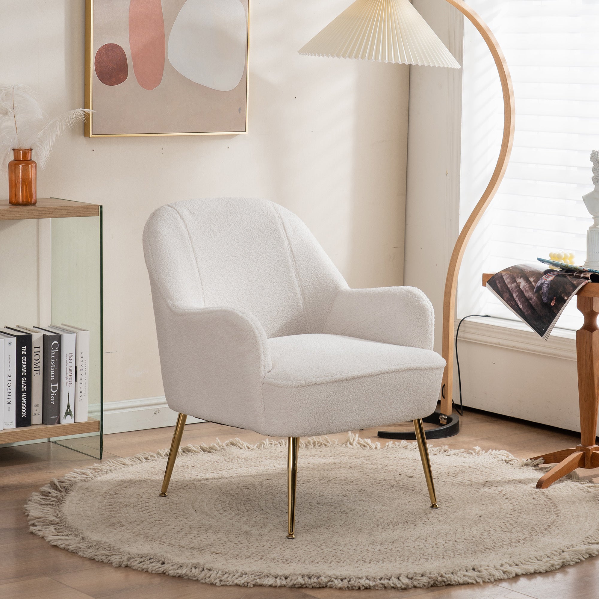 Modern Soft White Teddy Fabric Ergonomics Accent Chair With Gold Legs And Adjustable Legs - Ivory