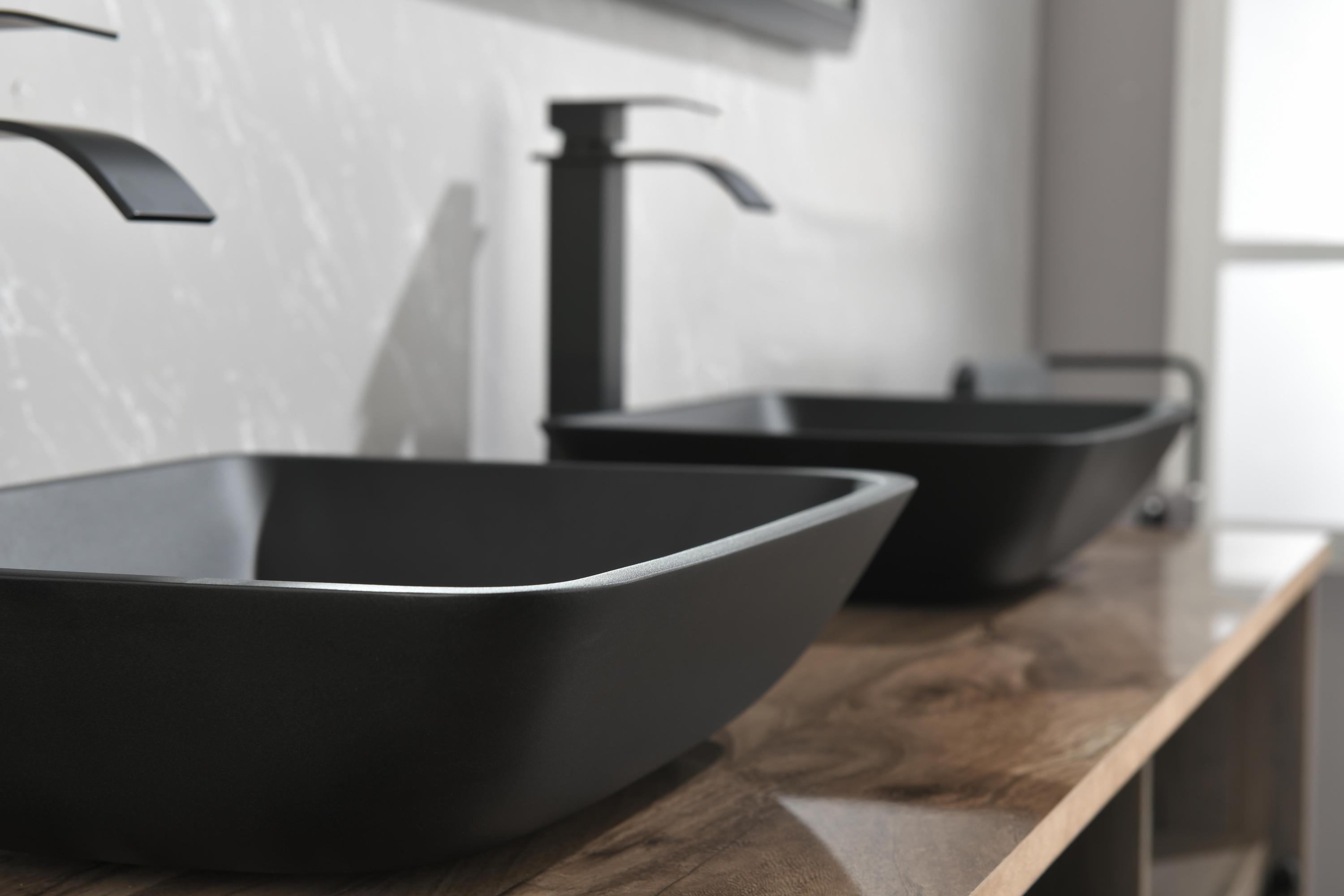 Matte Shell Glass Rectangular Vessel Bathroom Sink in Black with Matte Black Faucet and Pop-Up Drain in Matte Black 13.0" L -18.13" W -4" H