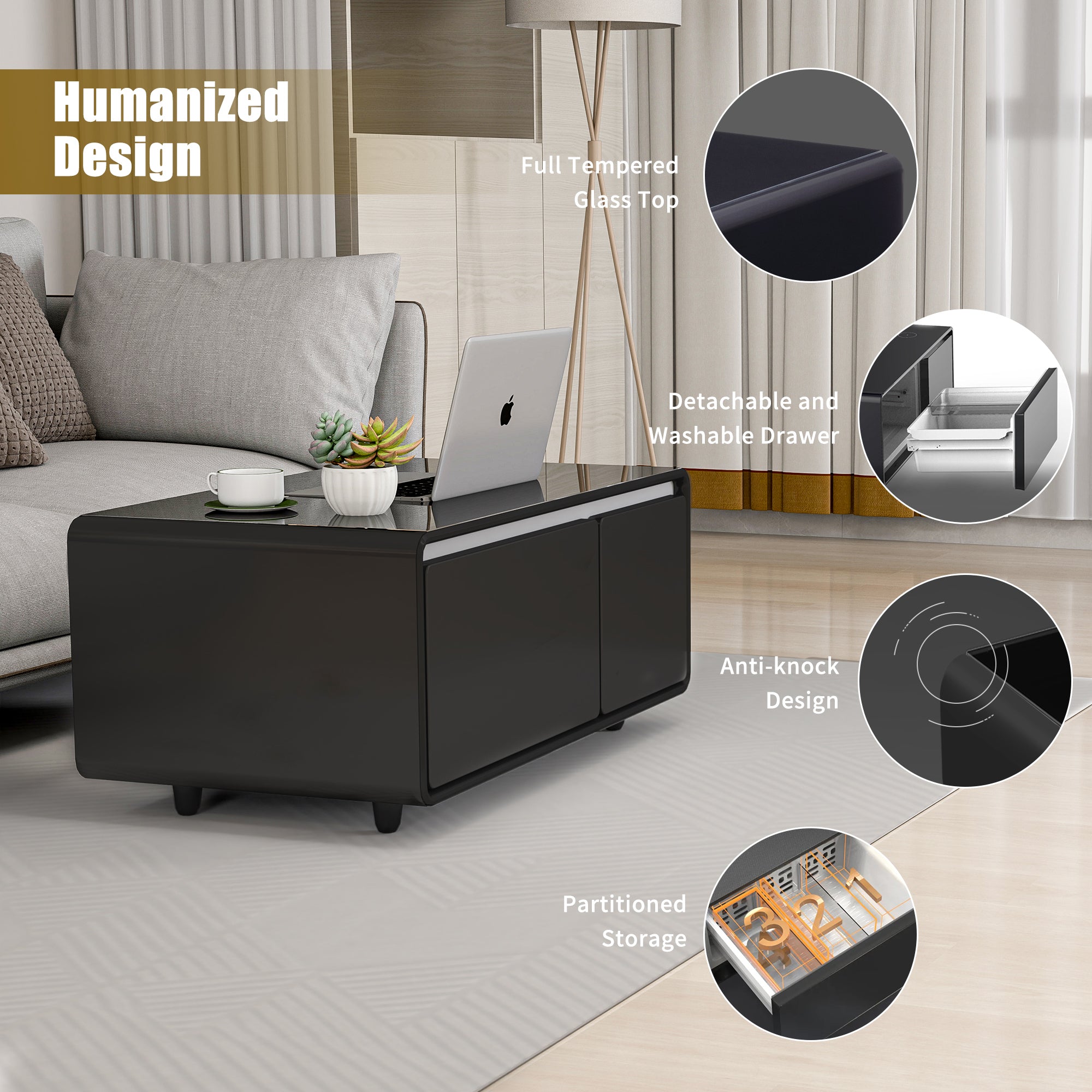 Modern Smart Coffee Table with Built in Fridge, Outlet Protection, Wireless Charging, Mechanical Temperature Control, Power Socket, USB Interface and Ice Water Interface - Black