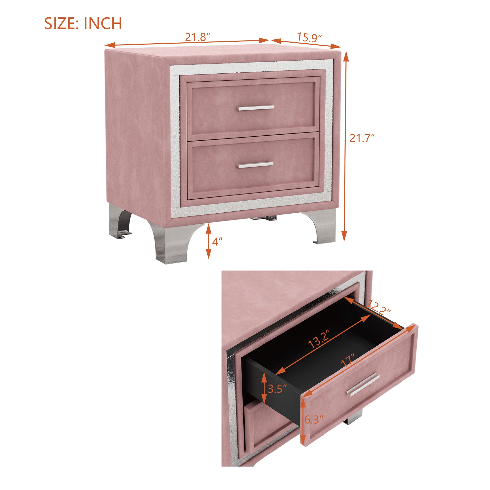 2-Drawer Nightstand with Metal Legs for Bedroom Velvet Bedside Table - Pink