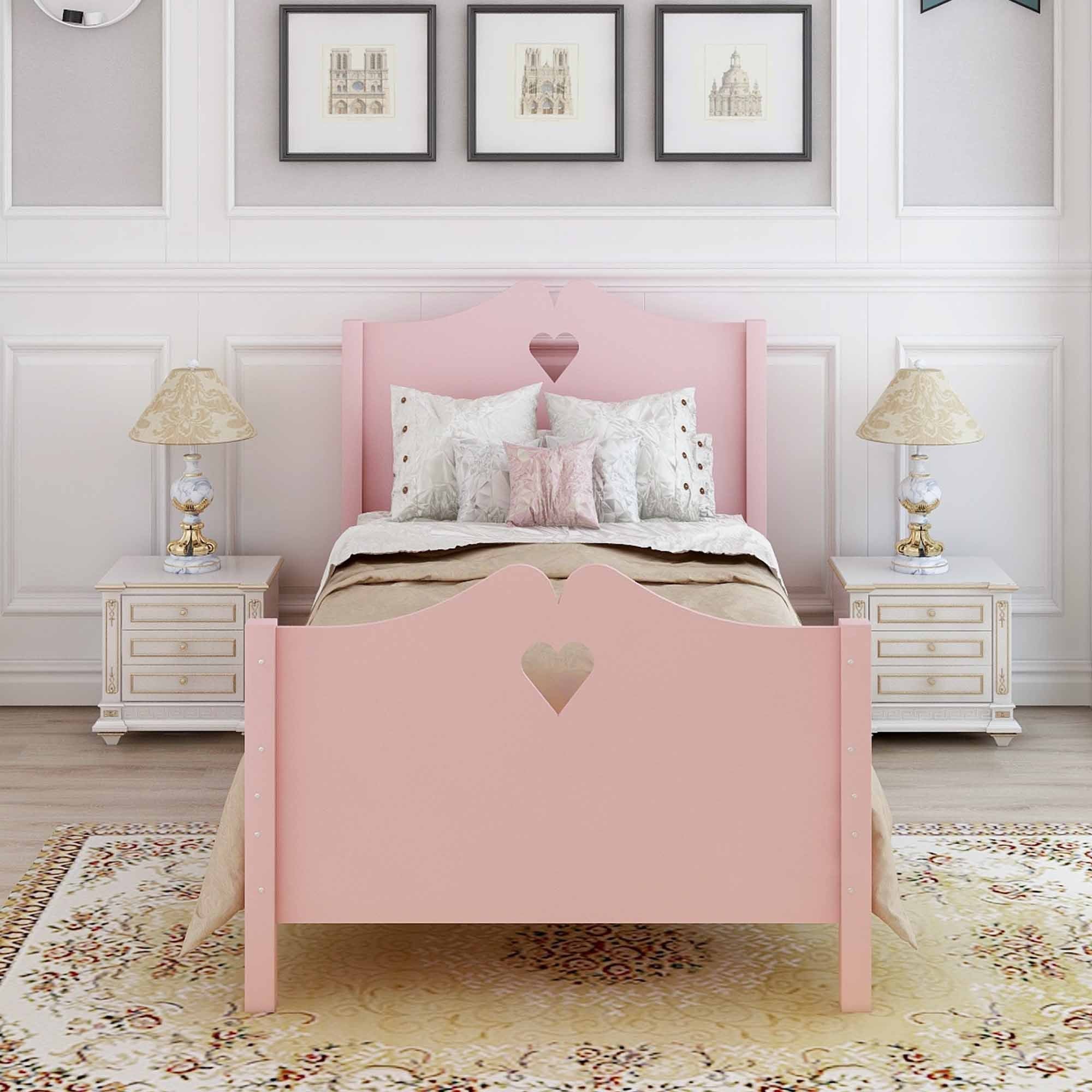 Twin Size Wood Platform Bed with Headboar - Pink