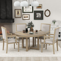 5-Piece Dining Table Set, Two-Size Round To Oval Extendable Butterfly Leaf Wood Dining Table and 4  Dining Chairs with Armrests - Natural Wood Wash