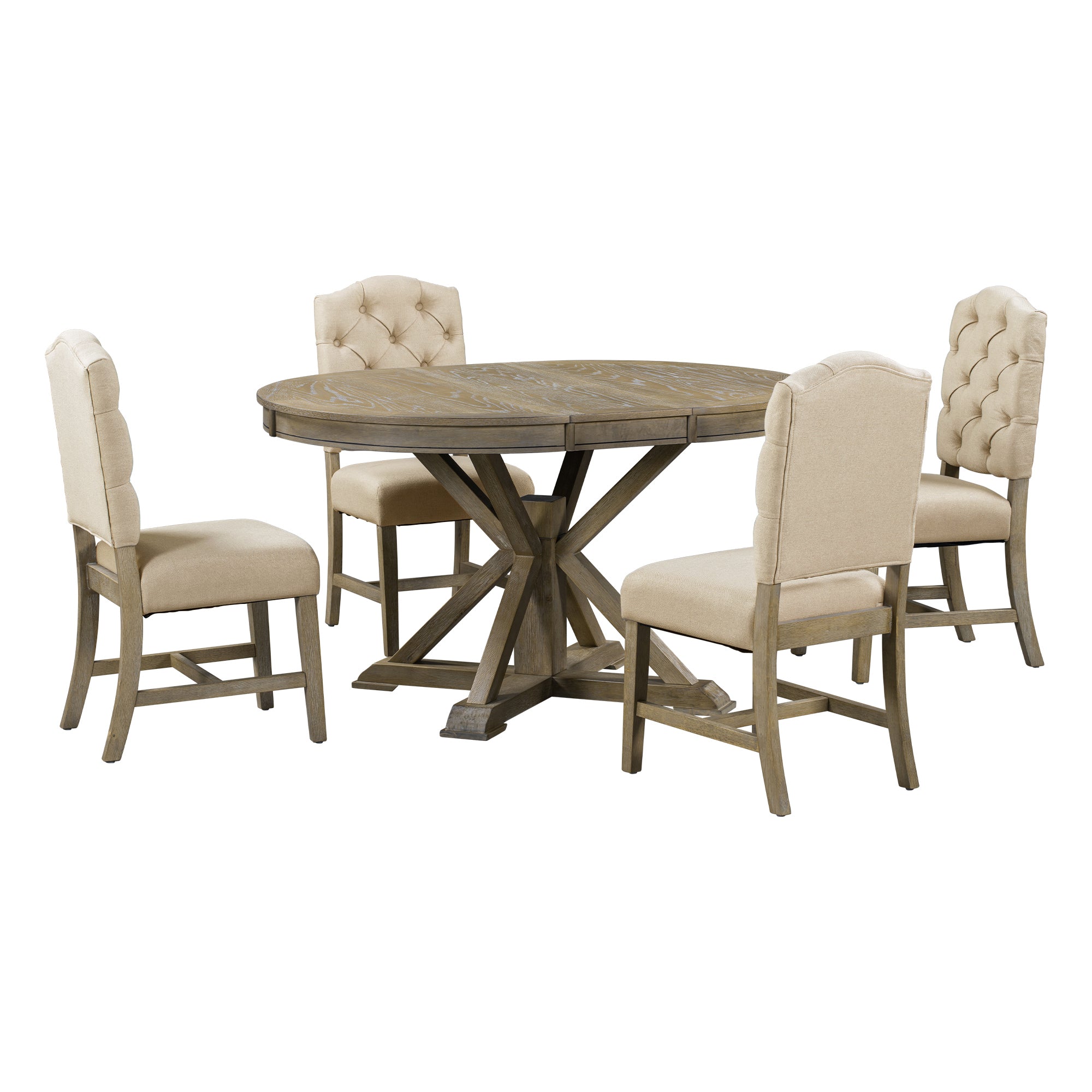 Retro Style Dining Table Set with Extendable Table and 4 Upholstered Chairs- Natural Wood Wash